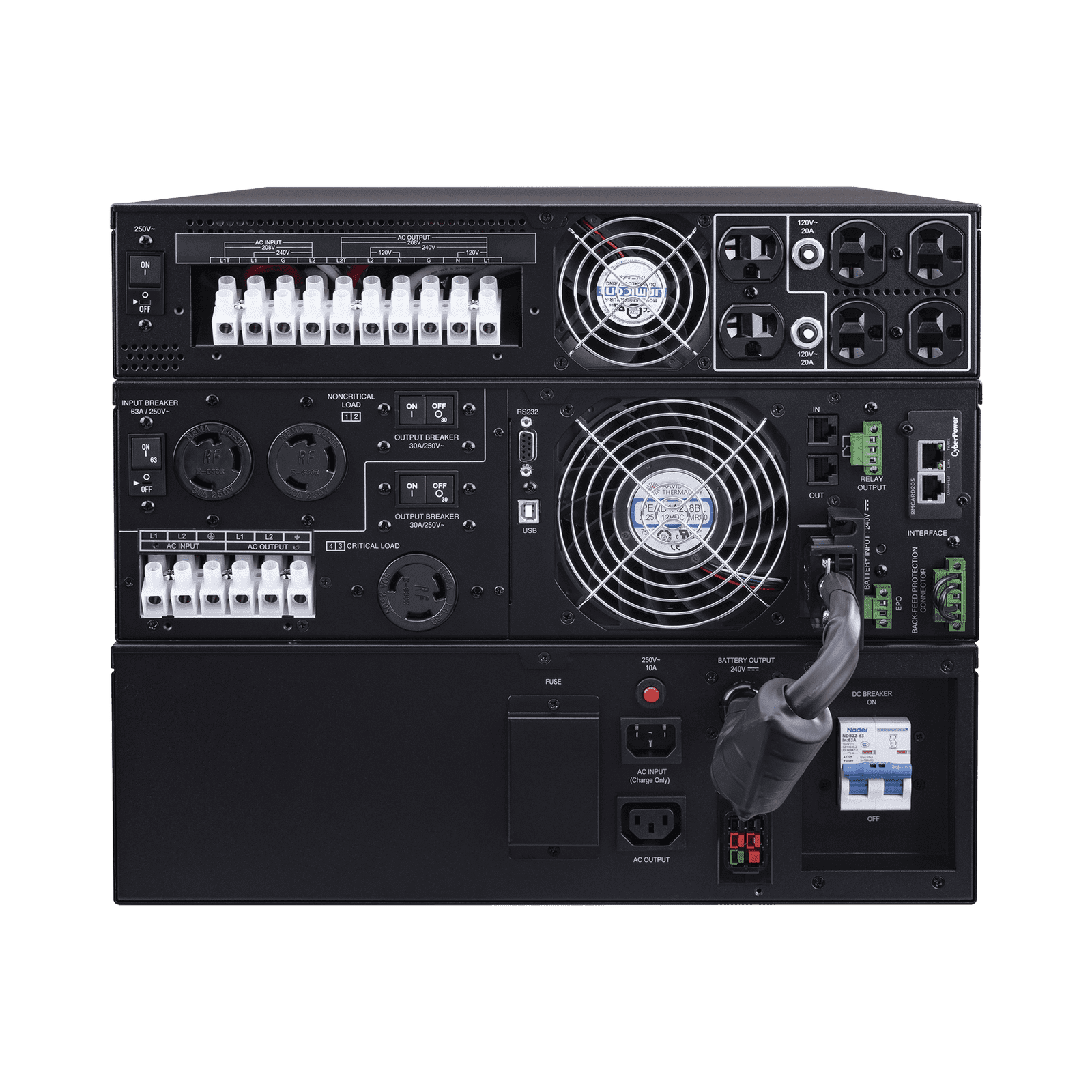 UPS de 8000 VA/8000 W, Online Doble Conversión, 200 – 240 Vac de Entrada, 120 – 240 Vac de Salida, Entrada Hardwired, Onda Senoidal Pura, Torre o Rack de 8 UR, Con 6 Tomas NEMA 5-20R, 3 NEMA L6-30R y Terminal Hardwired OL8KRTF - CyberPower