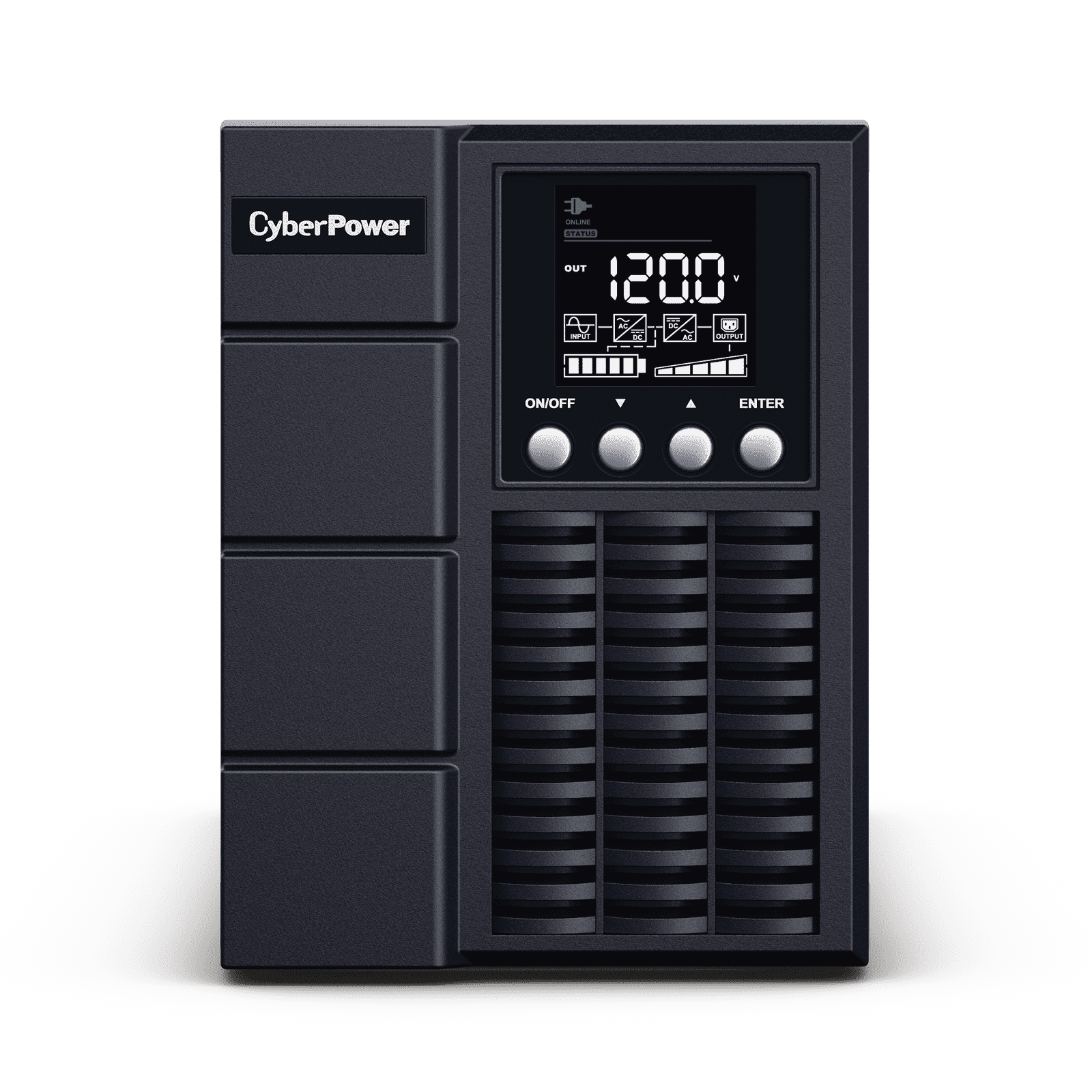 UPS de 1000 VA/900 W, Online Doble Conversión, Entrada 120 Vca NEMA 5-15P, Onda Senoidal Pura, Tipo Torre, Con 4 Tomas NEMA 5-15R OLS1000A - CyberPower