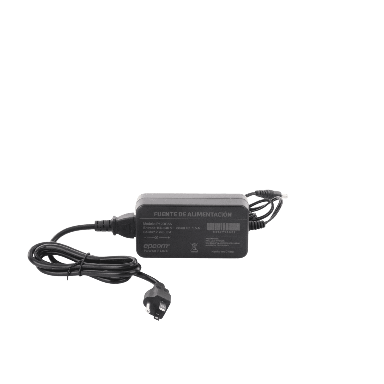 Adaptador de Pared con Cables de Extensión para Mayor Alcance 12 Vcc / 5 Amperes / Profesional / 0.5 metros a la toma de alimentación / 0.5 metros a la conexión del dispositivo P12DC5A - EPCOM POWERLINE