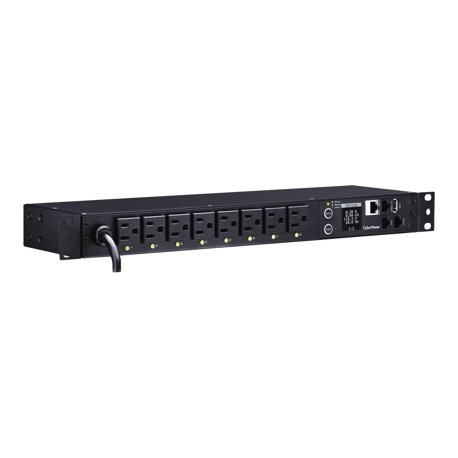 PDU Switchable por Toma, Para Distribución de Energía, Entrada 120 Vca NEMA 5-15P, Con 8 Salidas NEMA 5-15R, Horizontal 19in, 1UR PDU41001 - CyberPower