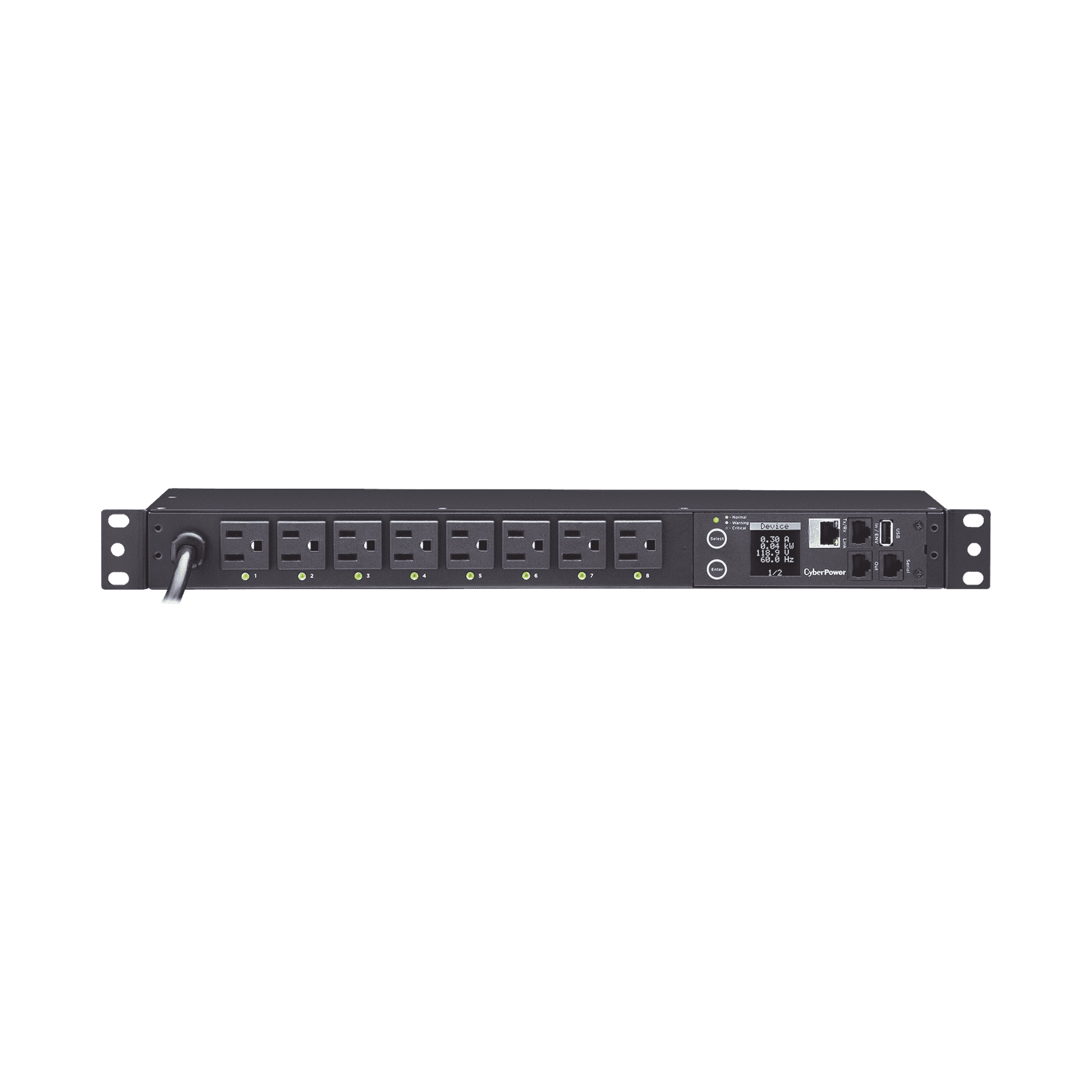 PDU Switchable por Toma, Para Distribución de Energía, Entrada 120 Vca NEMA 5-15P, Con 8 Salidas NEMA 5-15R, Horizontal 19in, 1UR PDU41001 - CyberPower