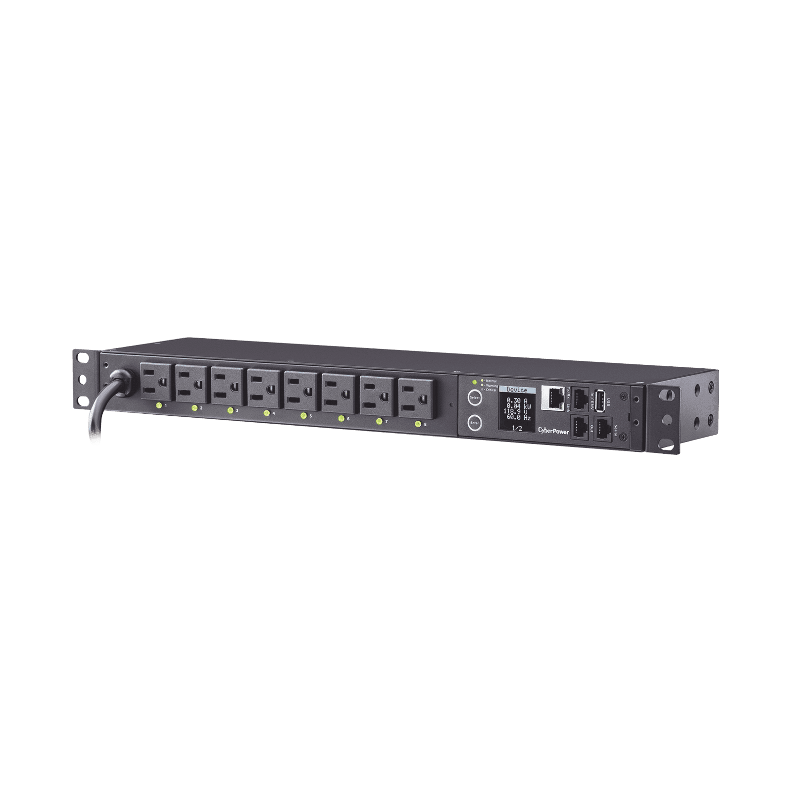 PDU Switchable por Toma, Para Distribución de Energía, Entrada 120 Vca NEMA 5-15P, Con 8 Salidas NEMA 5-15R, Horizontal 19in, 1UR PDU41001 - CyberPower