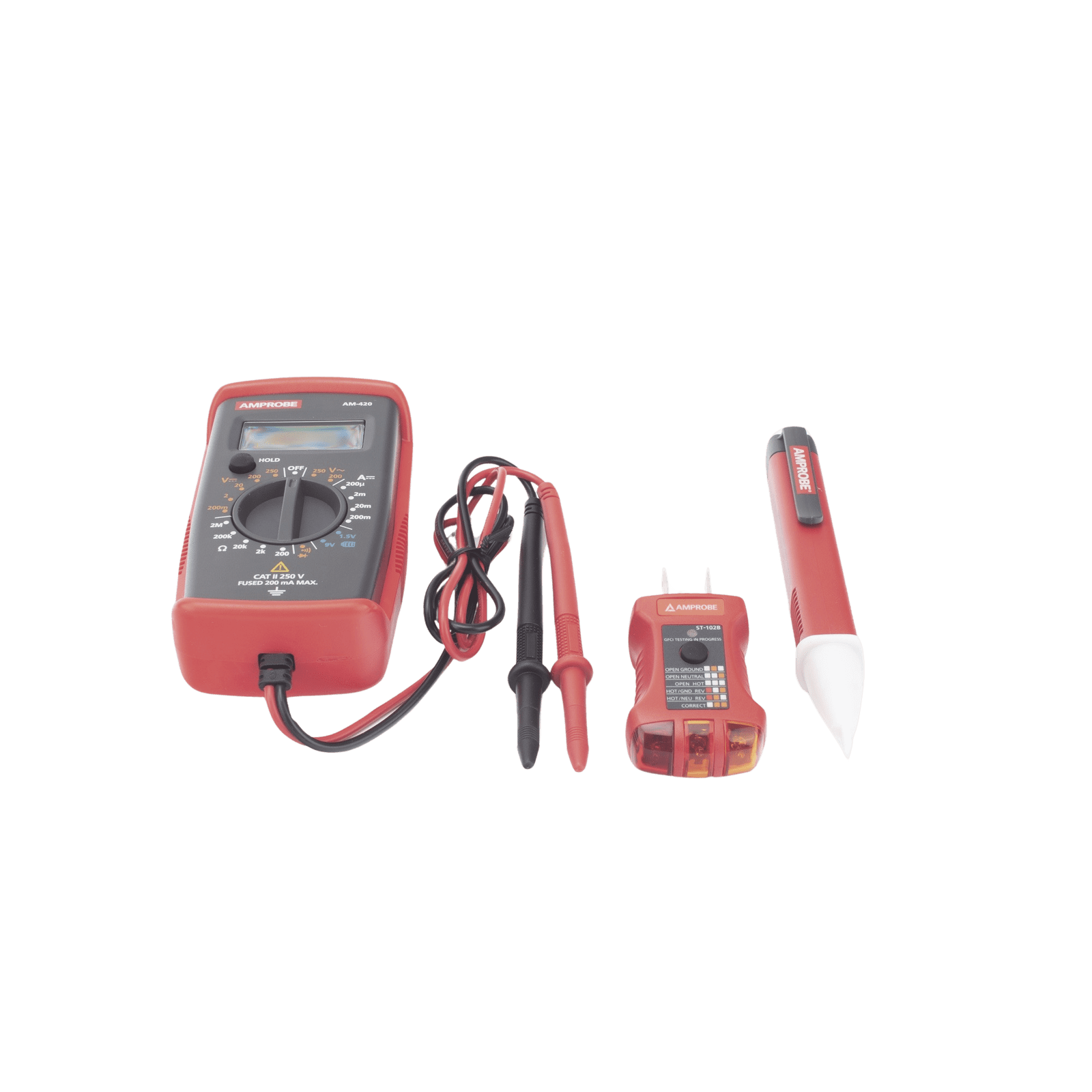 KIT Básico 3 en 1 con Multímetro Digital + Detector de Tensión sin Contacto + Comprobador de Fase GFCI PK-110 - AMPROBE