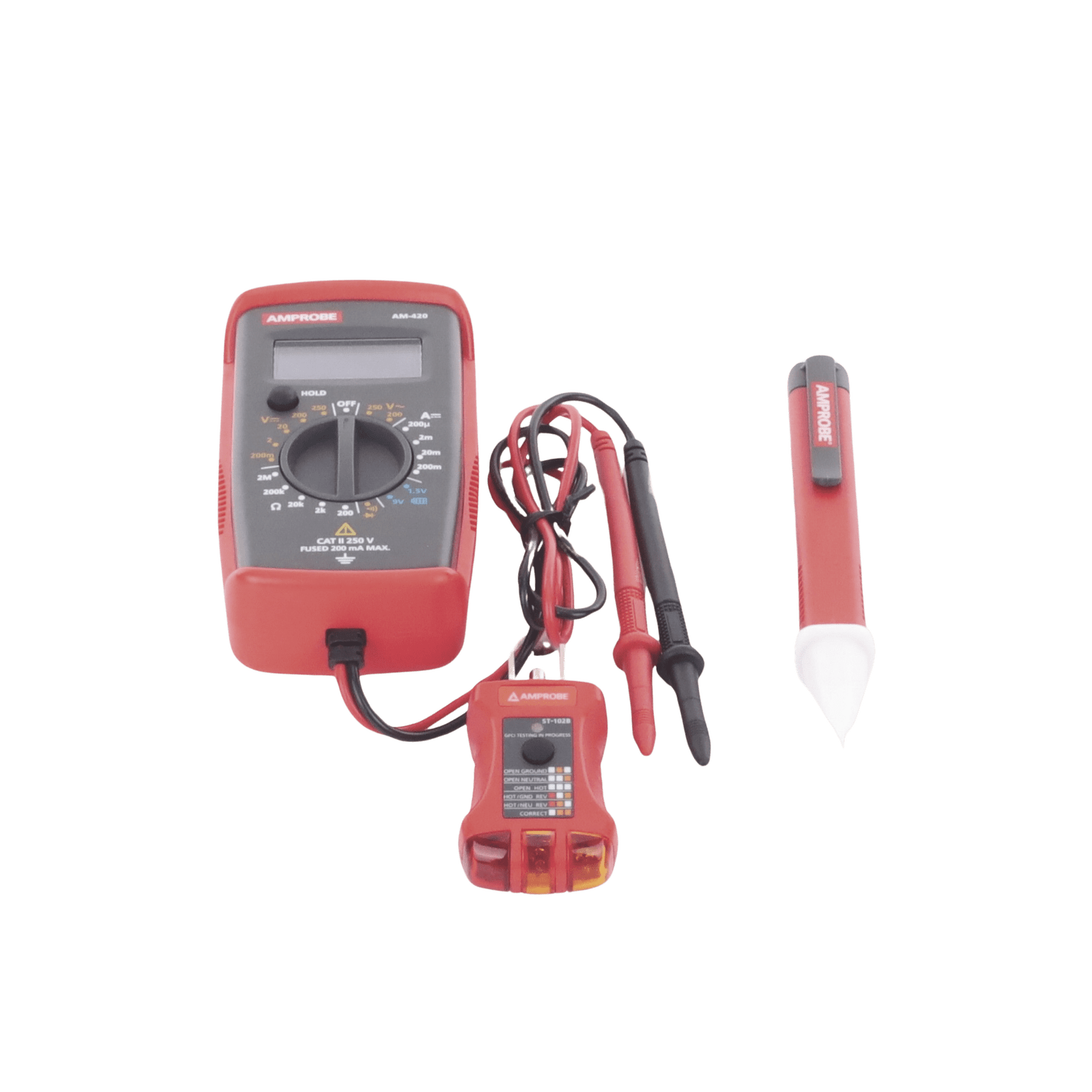KIT Básico 3 en 1 con Multímetro Digital + Detector de Tensión sin Contacto + Comprobador de Fase GFCI PK-110 - AMPROBE