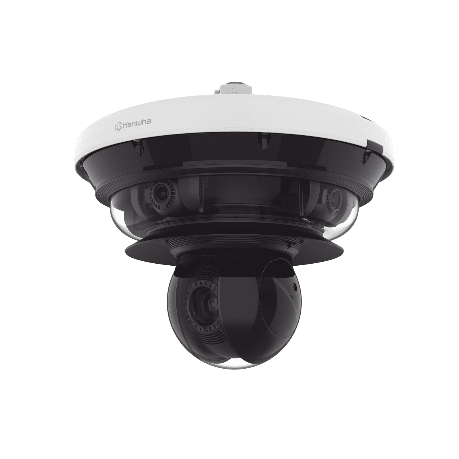 Cámara IP Multisensor 34MP (4 sensores 4K) con lentes motorizados / PTZ 2 MP 40X / Hasta 2 tarjetas MicroSD de 512GB / WDR de hasta 150dB / IP66 / IK10 / autoseguimiento / Inteligencia artificial para eventos PNM-C34404RQPZ - Hanwha Techwin Wisenet