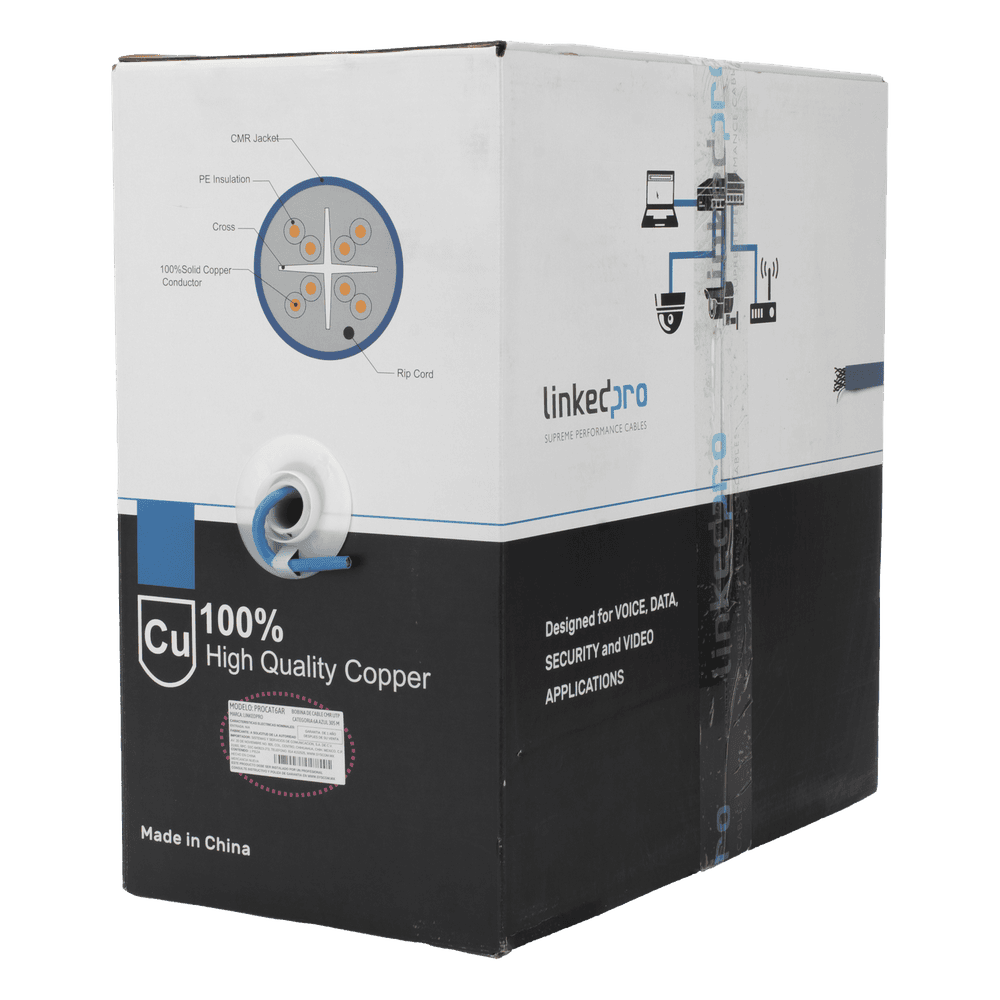 Bobina de cable U/UTP Cat6A de 305 mts, Color Azul, CMR, soporta 10G-BaseT para transmisión de frecuencias de hasta 500MHz, UL PRO-CAT6A-R