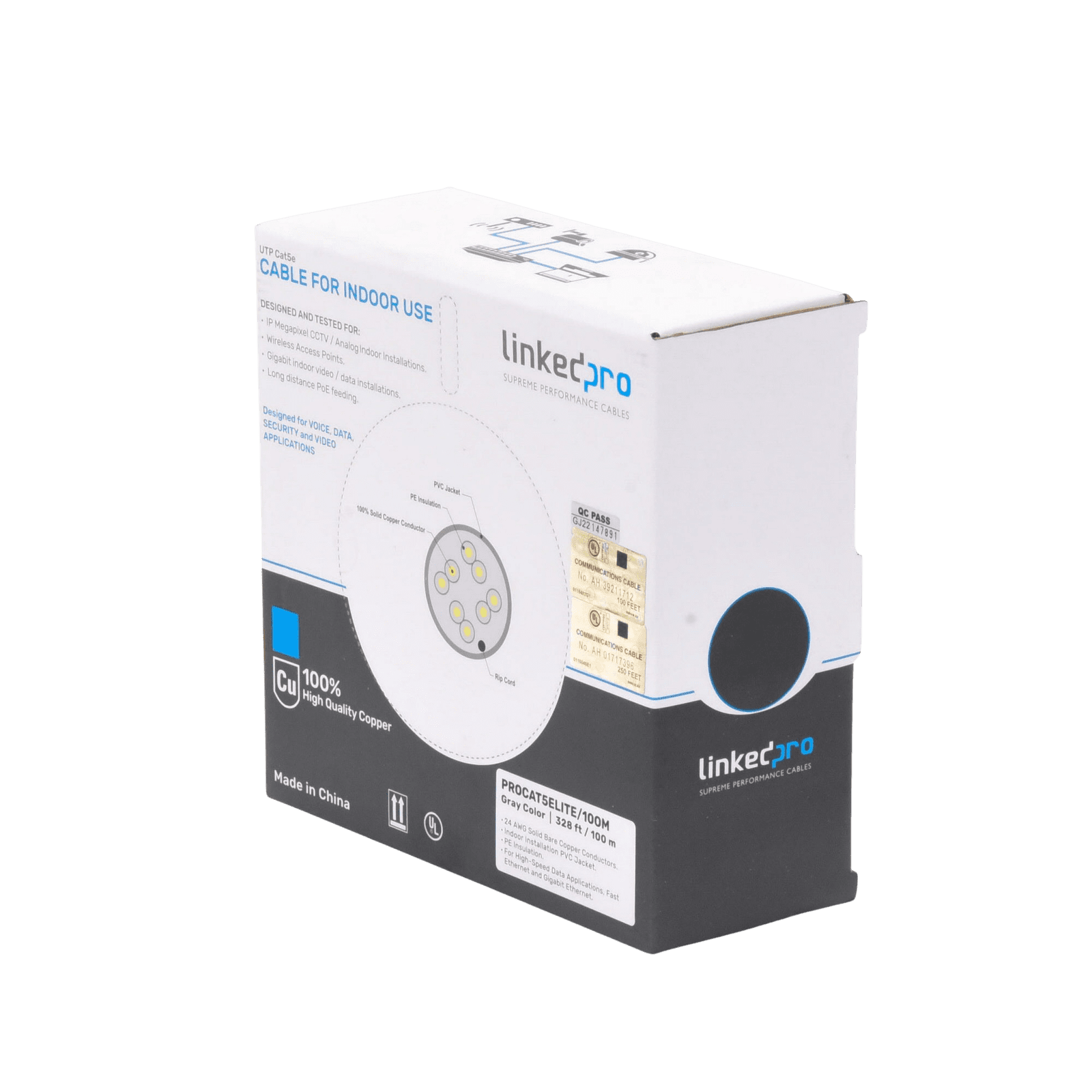 Bobina de cable de 100m, Cat5e, 24 AWG, color Gris, UL, para aplicaciones en videovigilancia, redes de datos. Uso Interior PRO-CAT-5E-LITE/100M - LINKEDPRO BY EPCOM