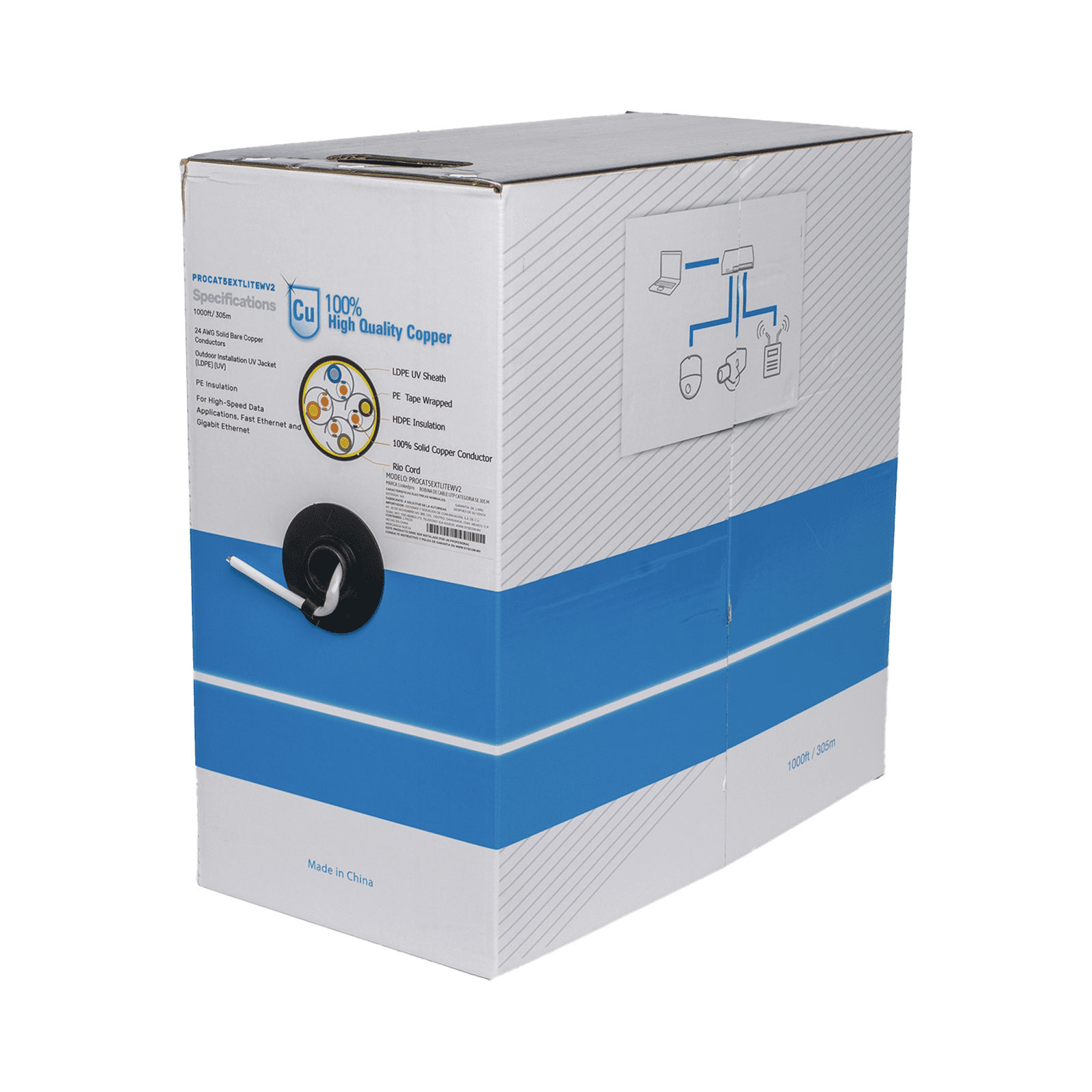 Bobina de cable de 305 m, Cat5e, para intemperie, sin blindar, color blanco, UL, para aplicaciones en CCTV, redes de datos. PRO-CAT5-EXT-LITEW-V2 - LINKEDPRO BY EPCOM