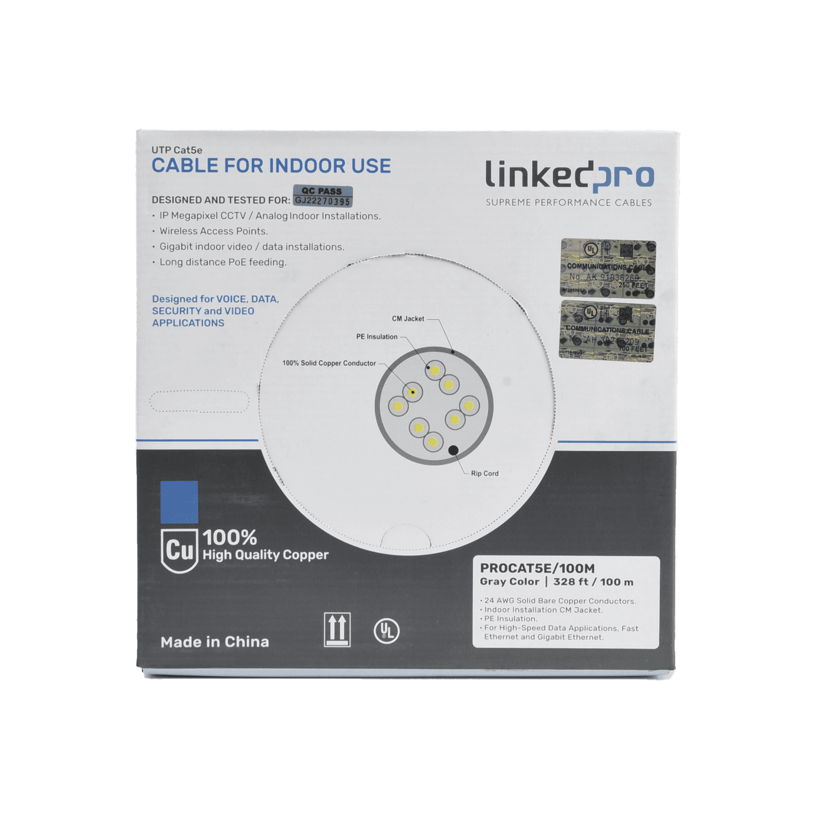 Cable Cat5e de alto rendimiento, con certificaciones ETL, UL, color gris, de 100 m ( 328 ft ) para aplicaciones en CCTV, redes de datos. Uso interior. PRO-CAT-5E/100M - LINKEDPRO BY EPCOM
