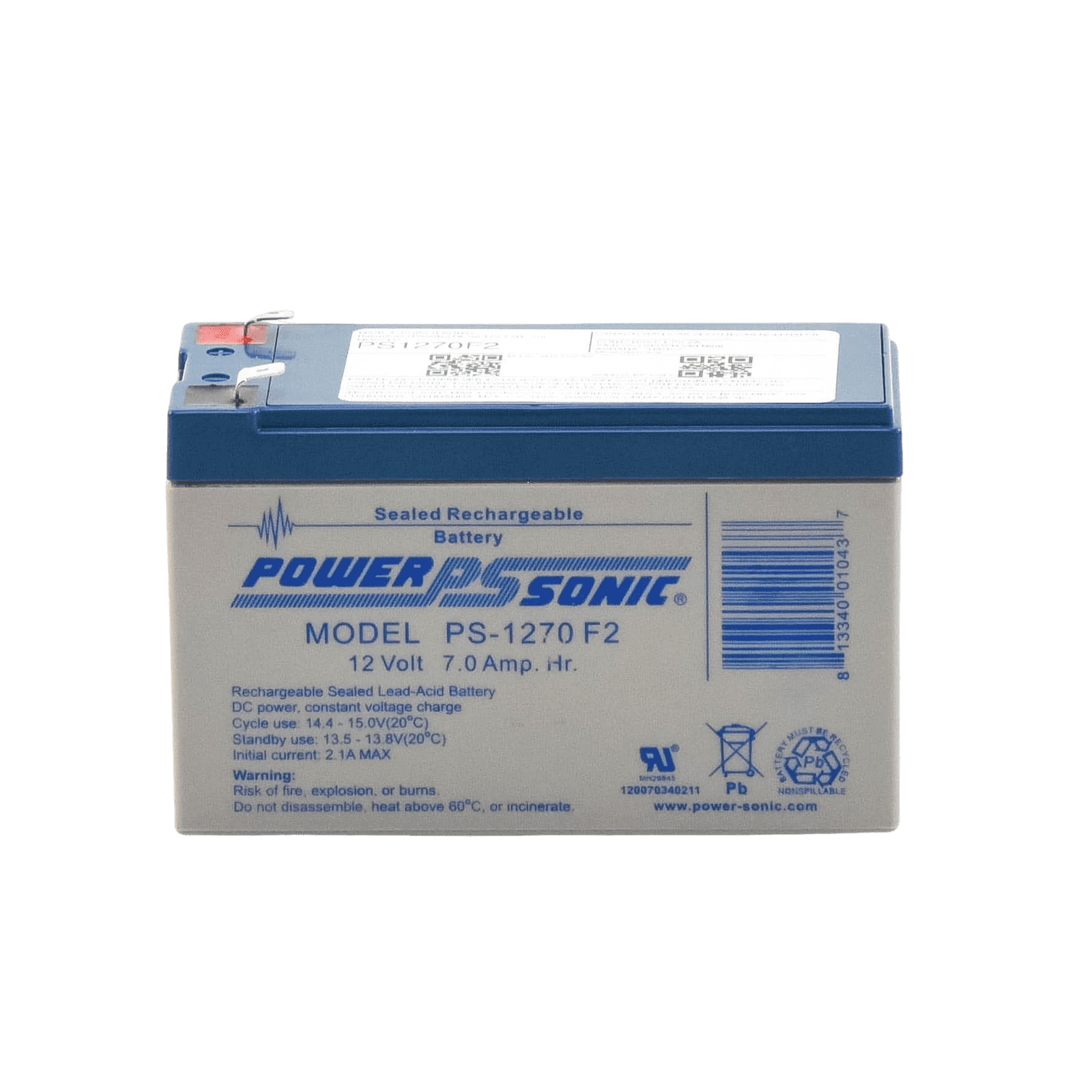 Batería 12V, 12AH, Para Respaldo, Tecnologías AGM/VRLA, 5 Años Vida Útil, Terminales F2, Reconocida UL PS-12120-F2 - POWER SONIC