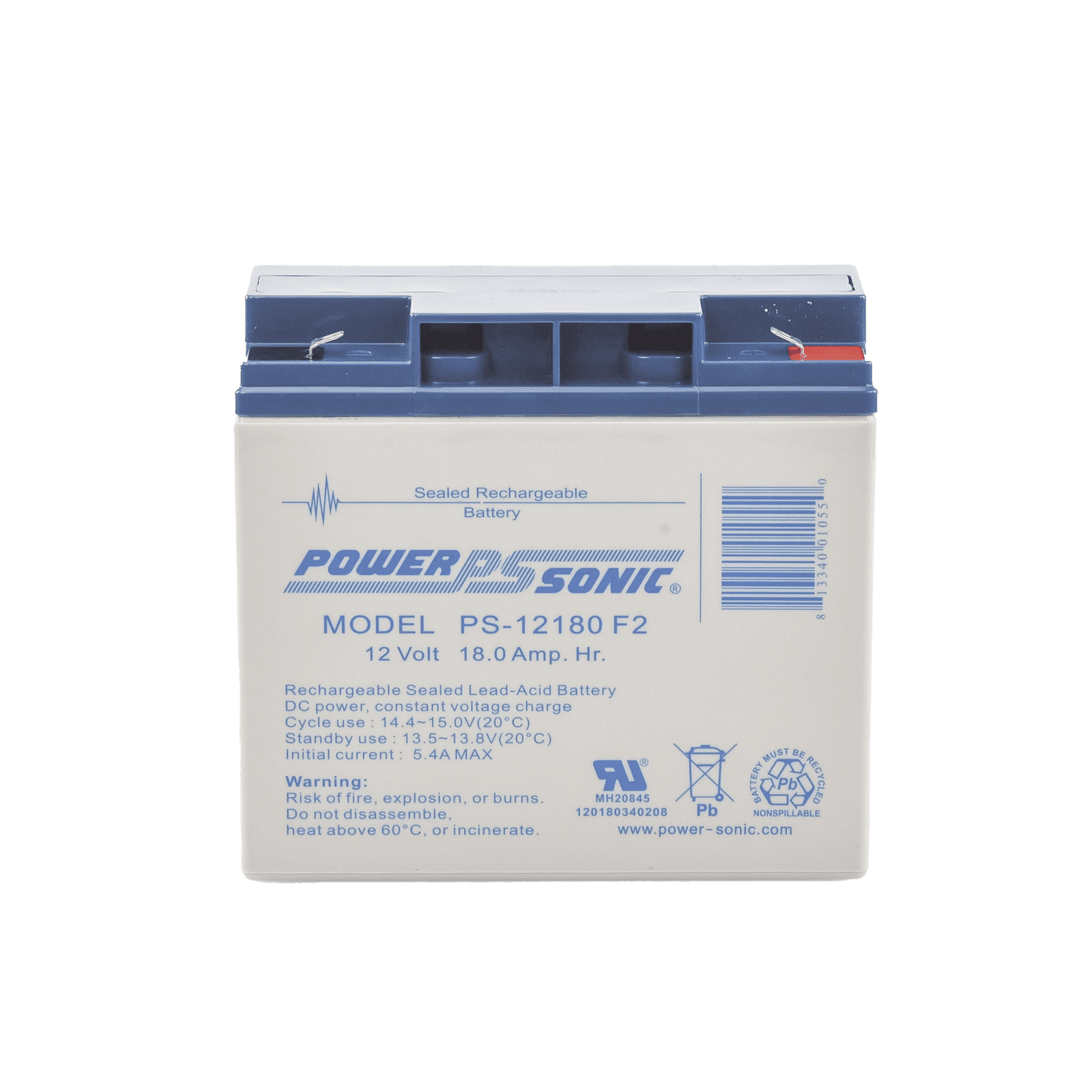 Batería 12V, 18AH, Para Respaldo, Tecnologías AGM/VRLA, Diseño De Vida Útil 5 Años, Terminales Tipo F2, Listada UL, Libre De Mantenimiento PS-12180-F2 - POWER SONIC