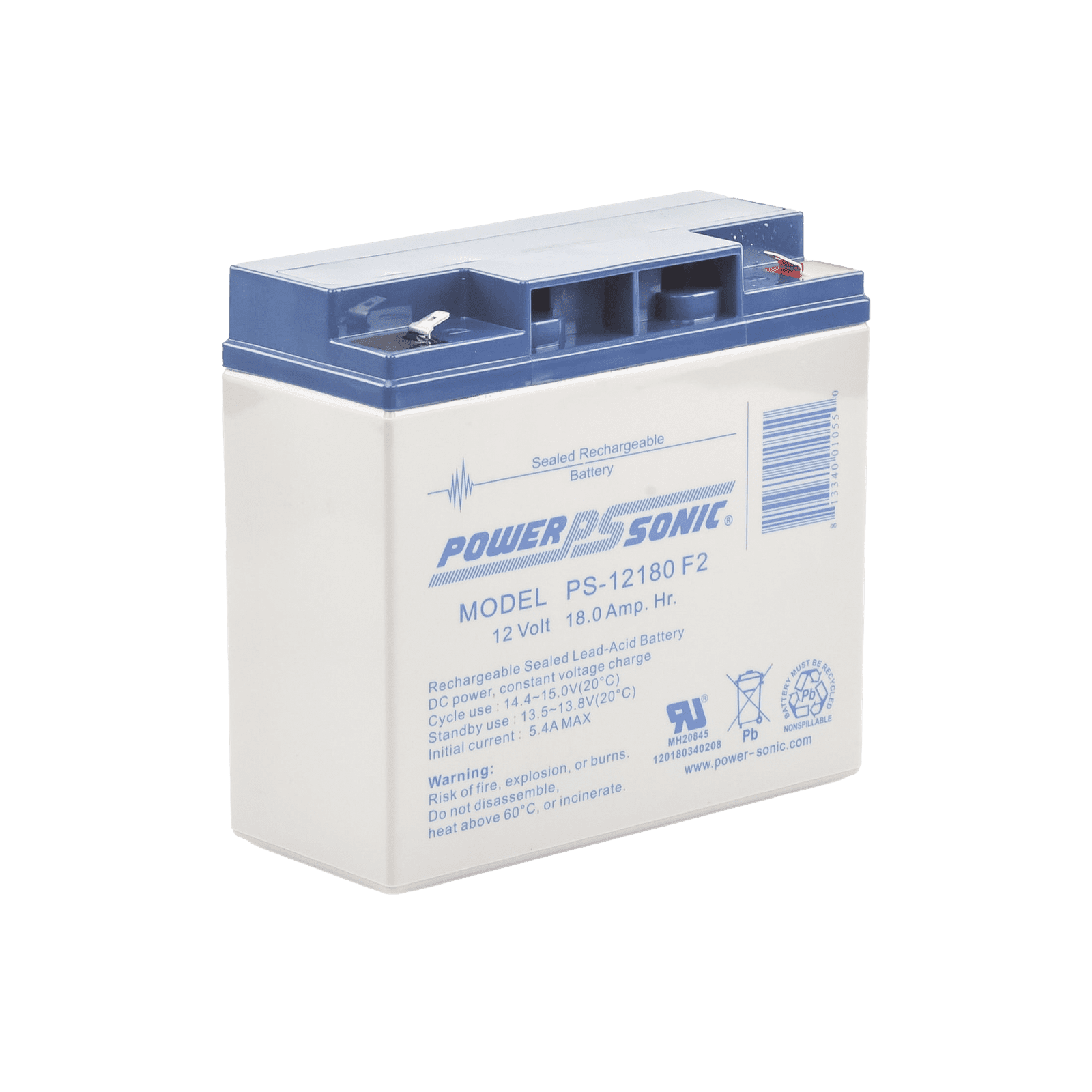 Batería 12V, 18AH, Para Respaldo, Tecnologías AGM/VRLA, Diseño De Vida Útil 5 Años, Terminales Tipo F2, Listada UL, Libre De Mantenimiento PS-12180-F2 - POWER SONIC