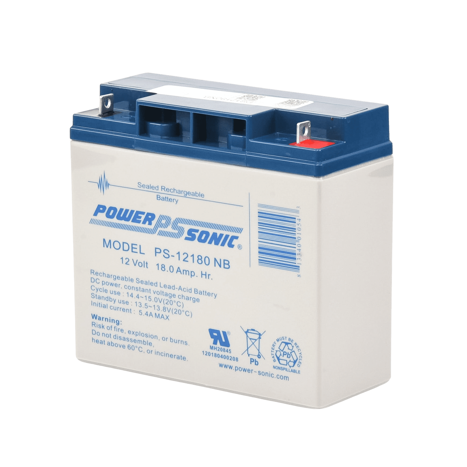 Batería 12V, 18AH, Para Respaldo, Tecnologías AGM/VRLA, Diseño De Vida Útil 5 Años, Terminales Tipo NB, Listada UL, Libre De Mantenimiento PS-12180-NB - POWER SONIC