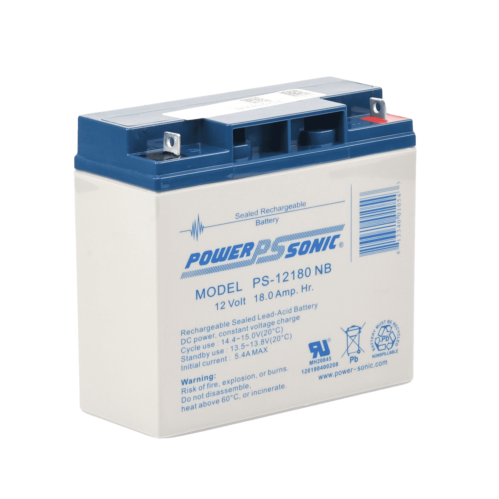 Batería 12V, 18AH, Para Respaldo, Tecnologías AGM/VRLA, Diseño De Vida Útil 5 Años, Terminales Tipo NB, Listada UL, Libre De Mantenimiento PS-12180-NB - POWER SONIC