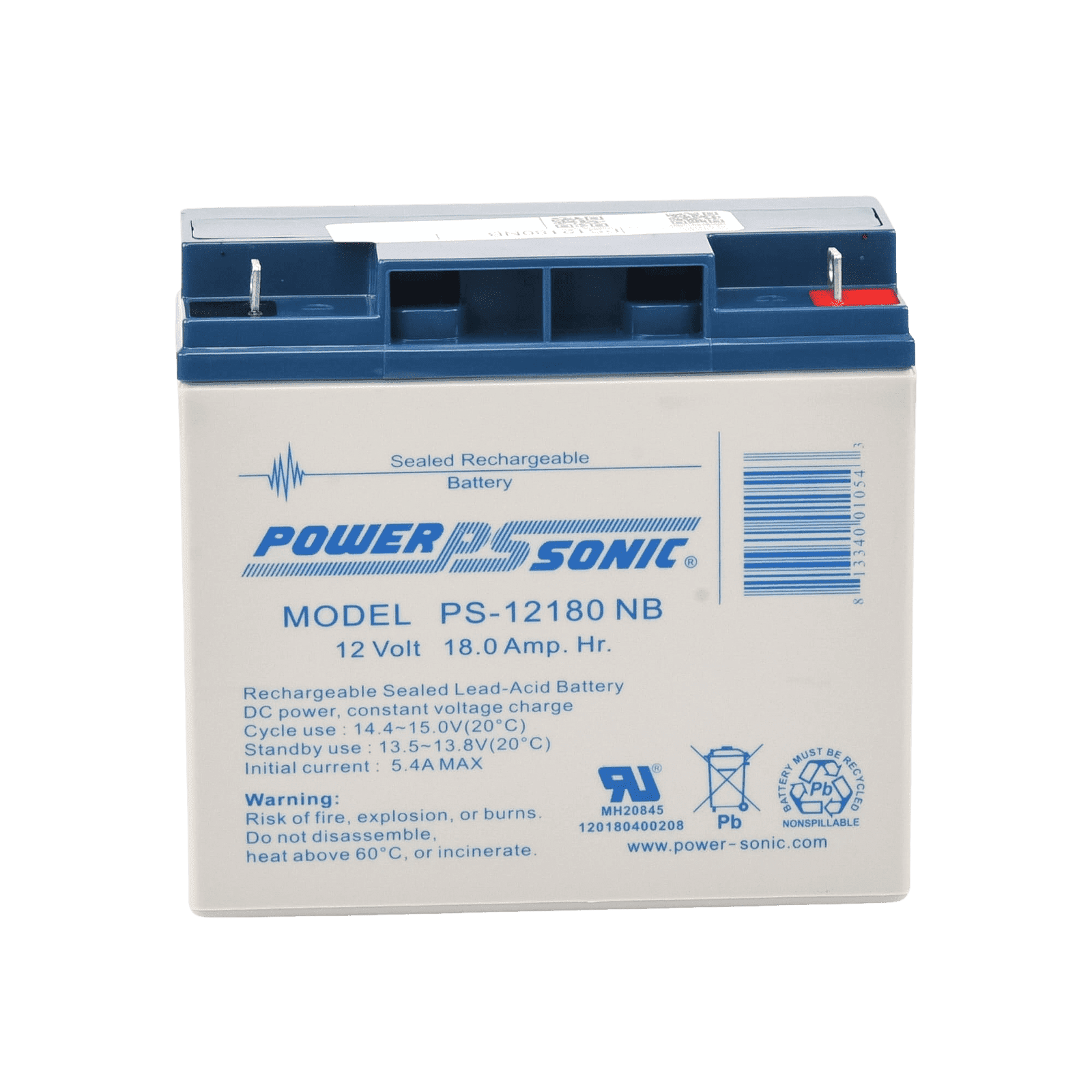 Batería 12V, 18AH, Para Respaldo, Tecnologías AGM/VRLA, Diseño De Vida Útil 5 Años, Terminales Tipo NB, Listada UL, Libre De Mantenimiento PS-12180-NB - POWER SONIC