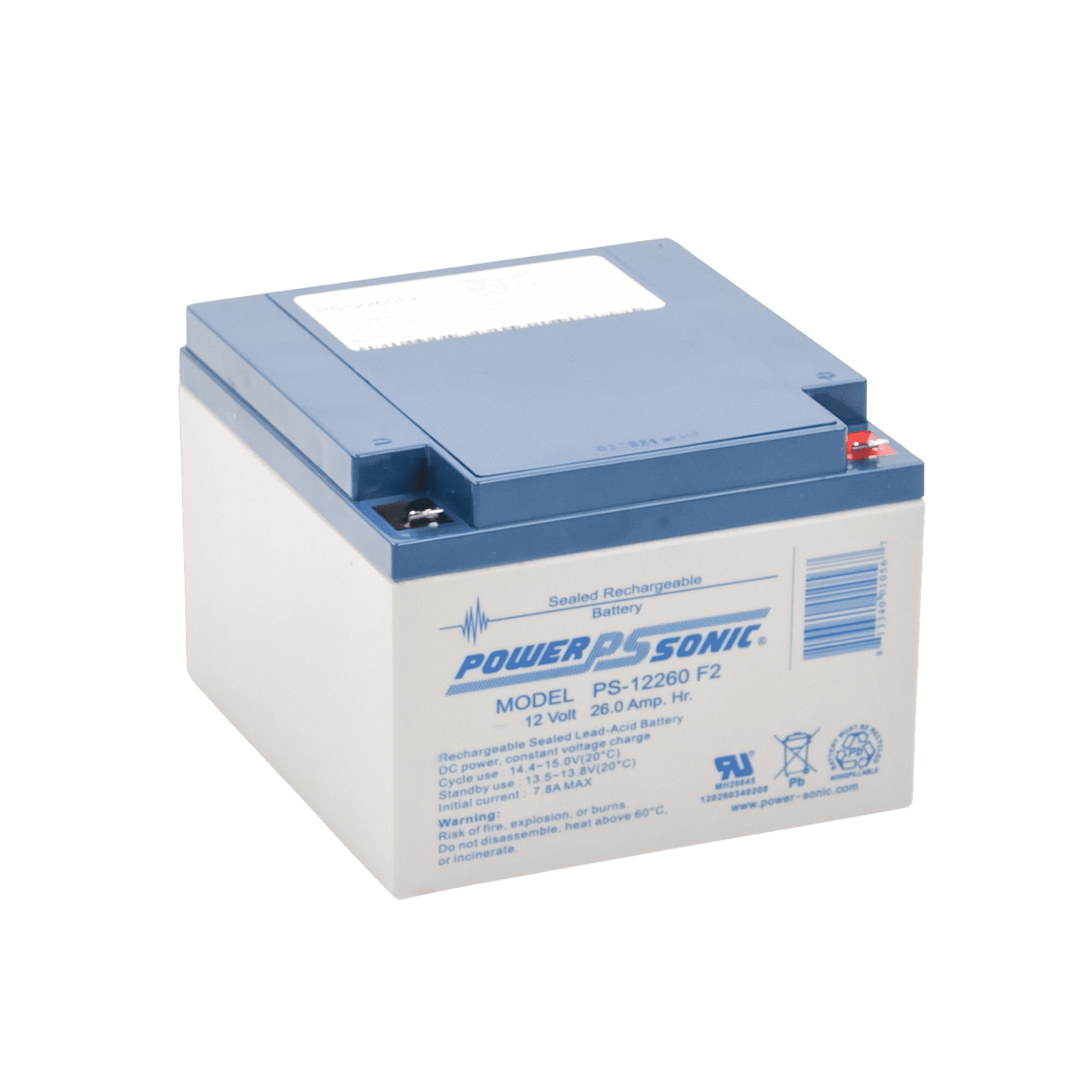 Batería 12V, 26AH, Para Respaldo, Tecnologías AGM/VRLA, 5 Años Vida Útil, Terminales F2, Reconocida UL PS-12260-F2 - POWER SONIC