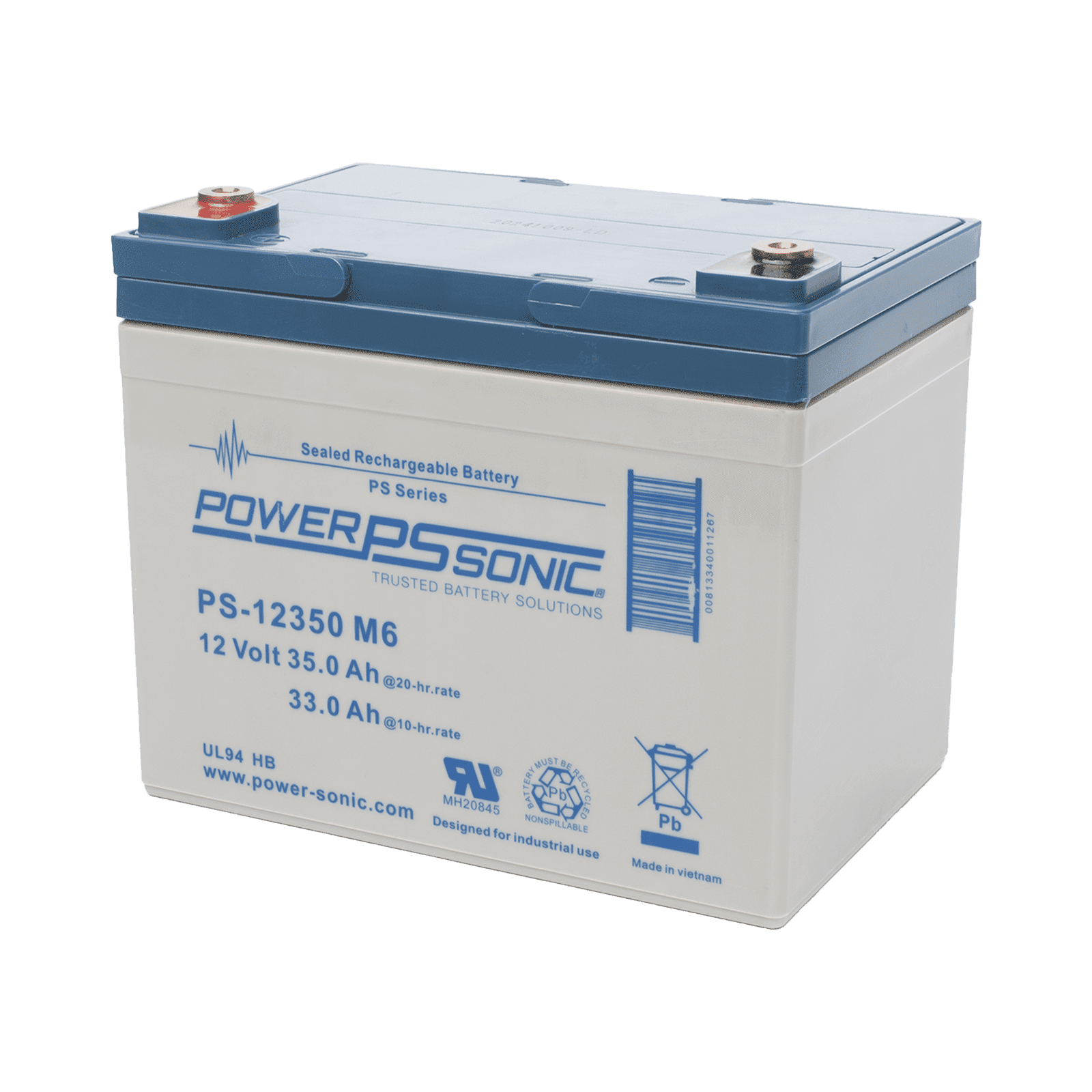 Batería 12V, 35AH, Para Respaldo, Tecnologías AGM/VRLA, 5 Años Vida Útil, Terminales M6, Reconocida UL PS-12350-M6 - POWER SONIC