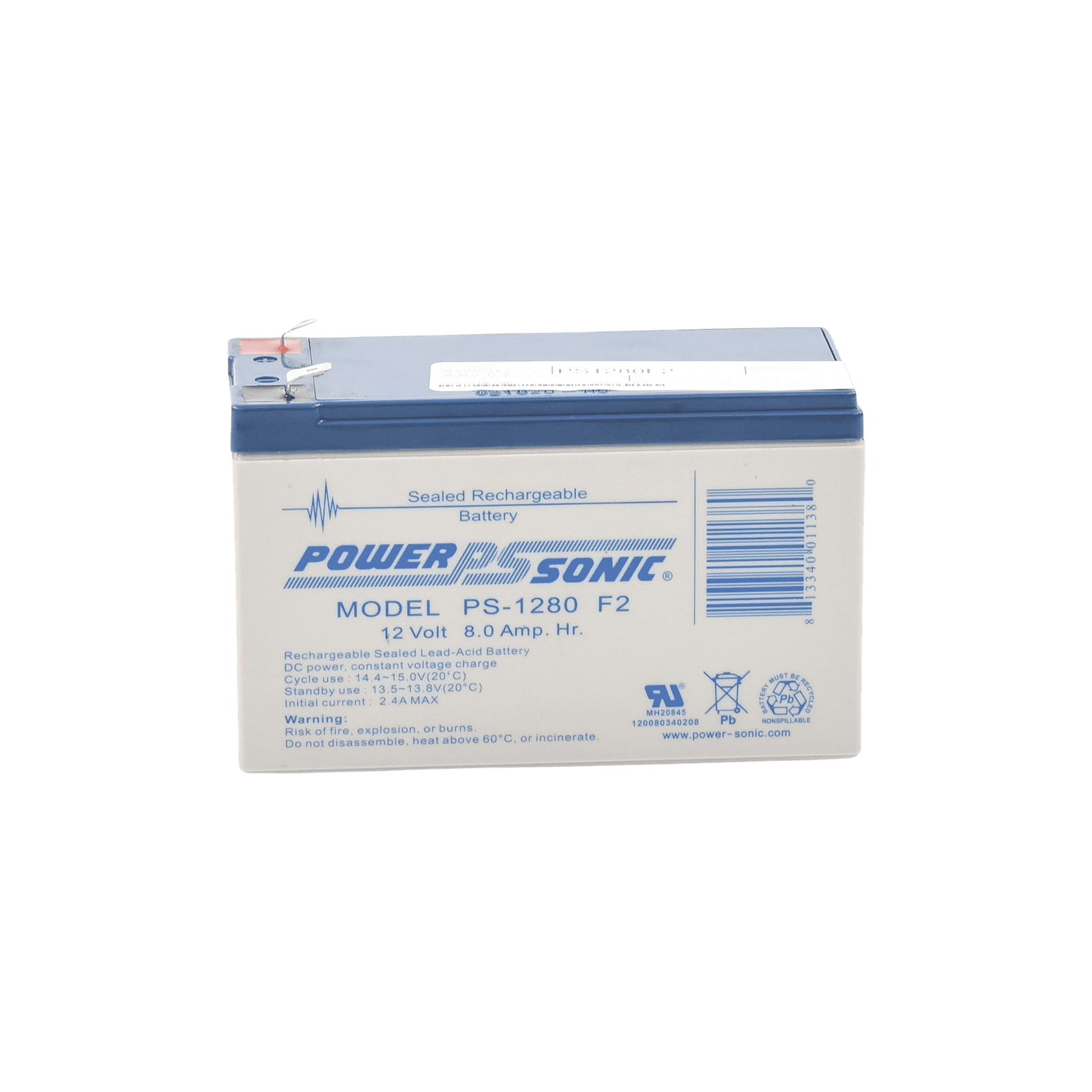Batería 12V, 8AH, Para Respaldo, Tecnologías AGM/VRLA, 5 Años Vida Útil, Terminales F2, Reconocida UL PS-1280-F2 - POWER SONIC