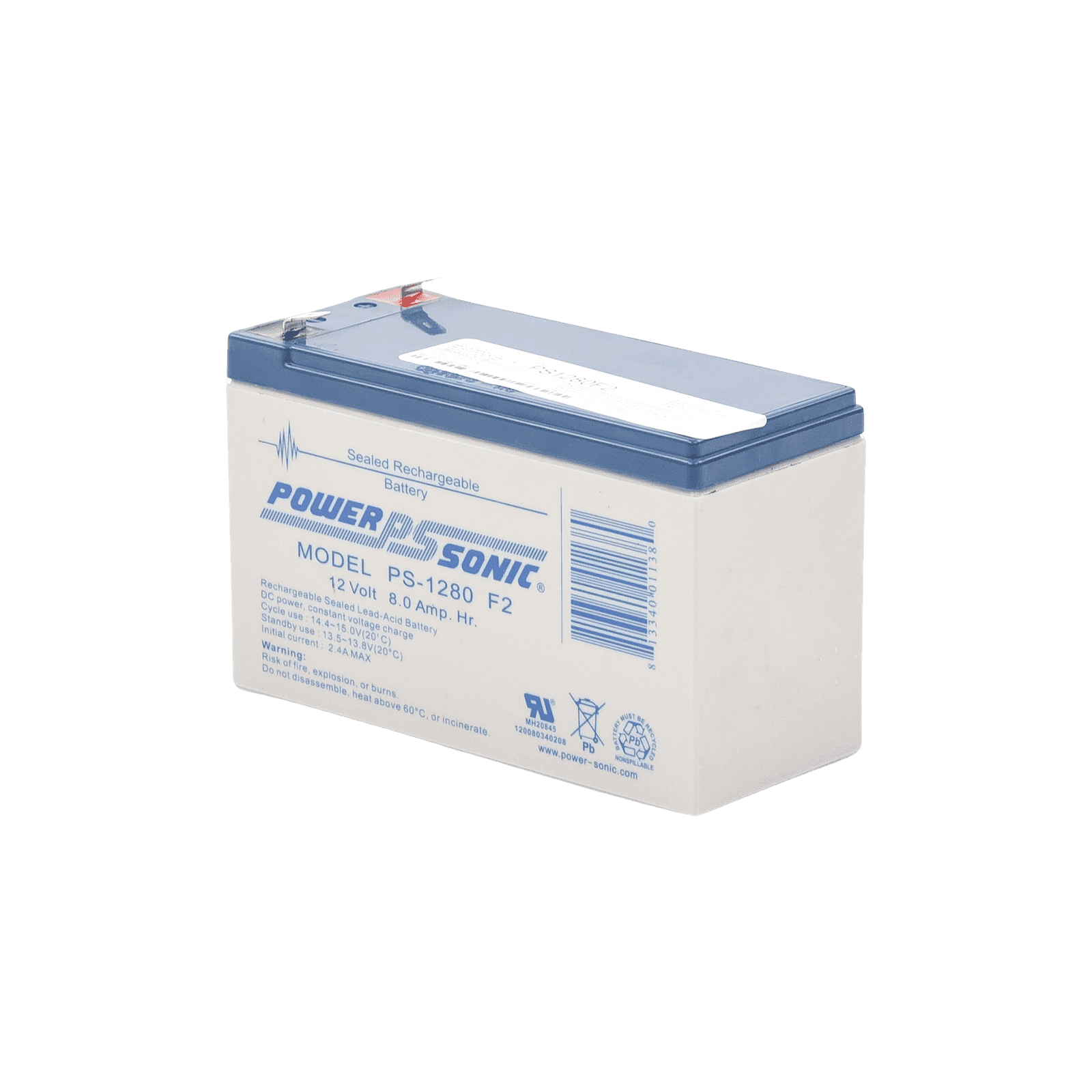 Batería 12V, 8AH, Para Respaldo, Tecnologías AGM/VRLA, 5 Años Vida Útil, Terminales F2, Reconocida UL PS-1280-F2 - POWER SONIC