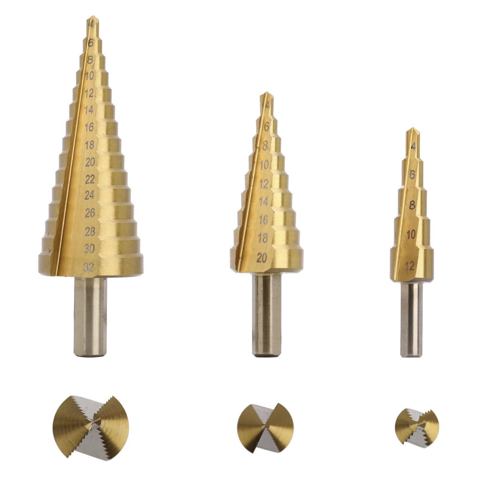 Juego de 3 Brocas Escalonadas HSS 4-12, 4-20, 4-32 mm (Para Plástico o Metal). PST-C020-02 - PRECISION