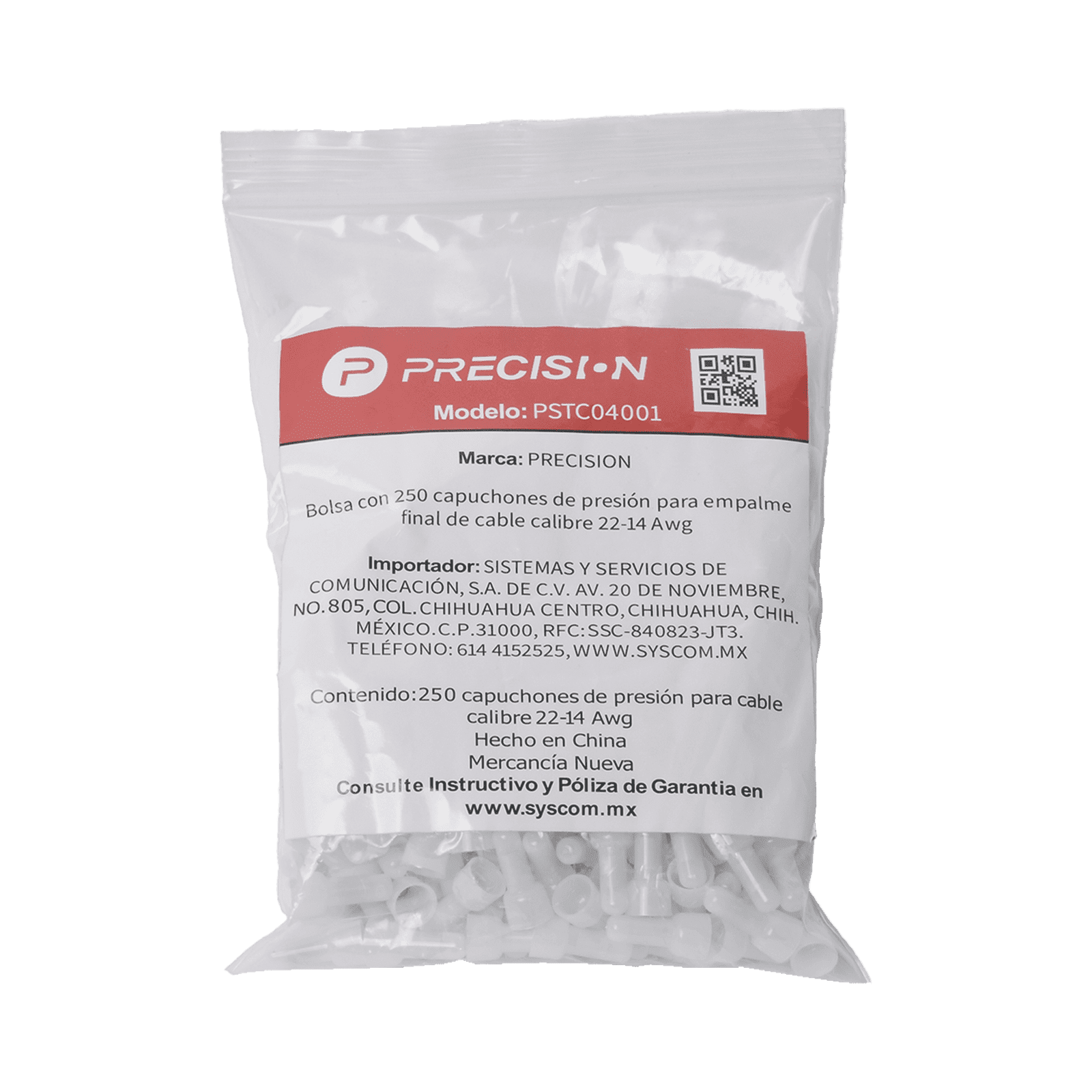 Bolsa con 250 Capuchones/Campanas de presion para empalme final de cable calibre 14-22Awg PST-C040-01 - PRECISION