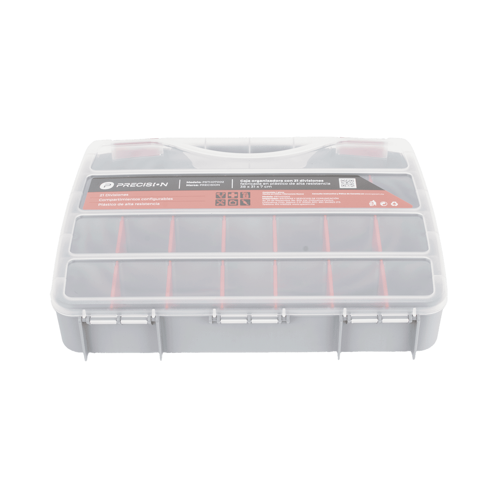 Caja Organizadora con 21 Divisiones Fabricada en Plástico de Alta Resistencia de 38x31x7 cm. PST-H07-002 - PRECISION