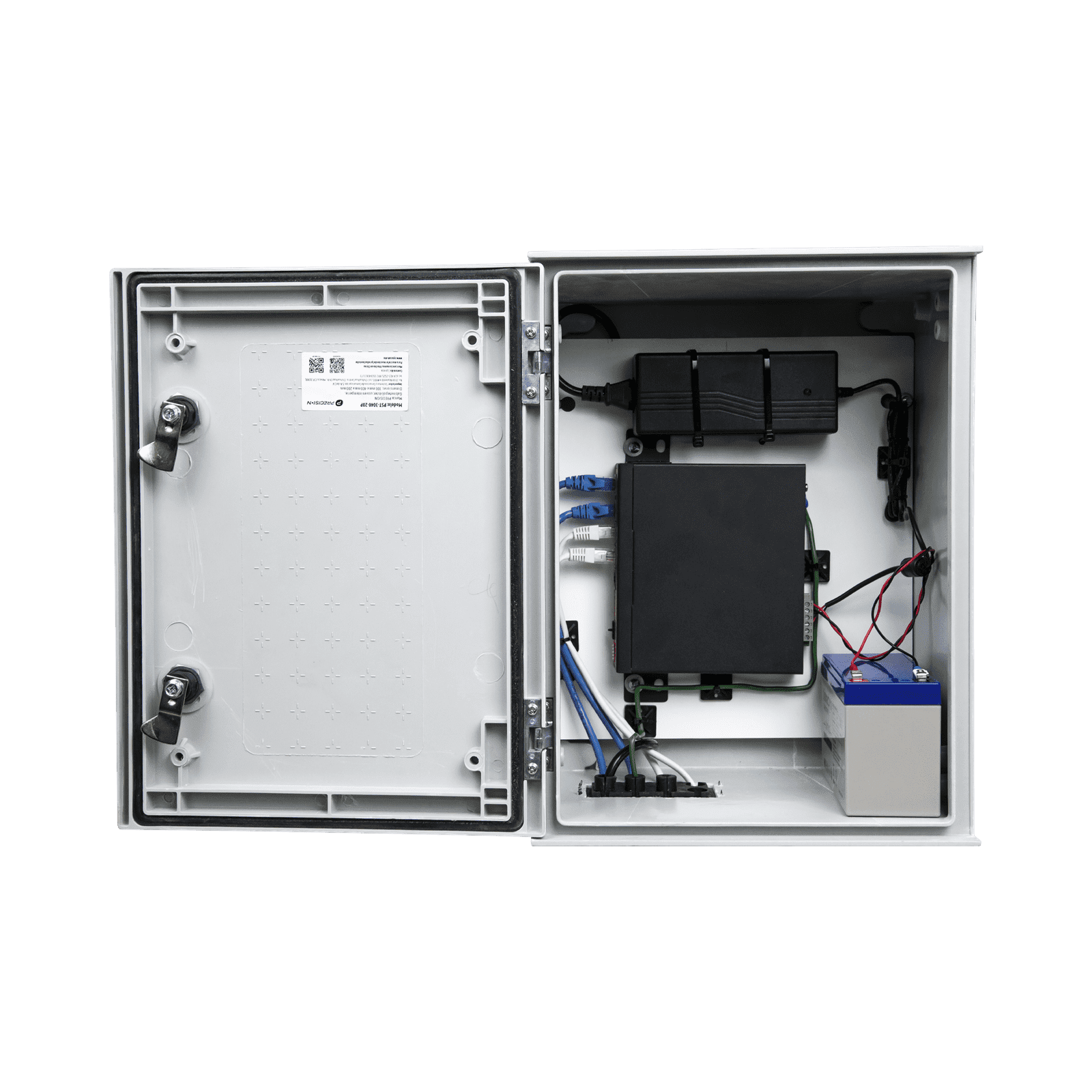 KIT de Gabinete de Poliéster (300 x 400 x 200 mm) + Controlador de Carga con Switch PoE (5) + Batería de 12V 7Ah PST-UPS-BAT1 - PRECISION