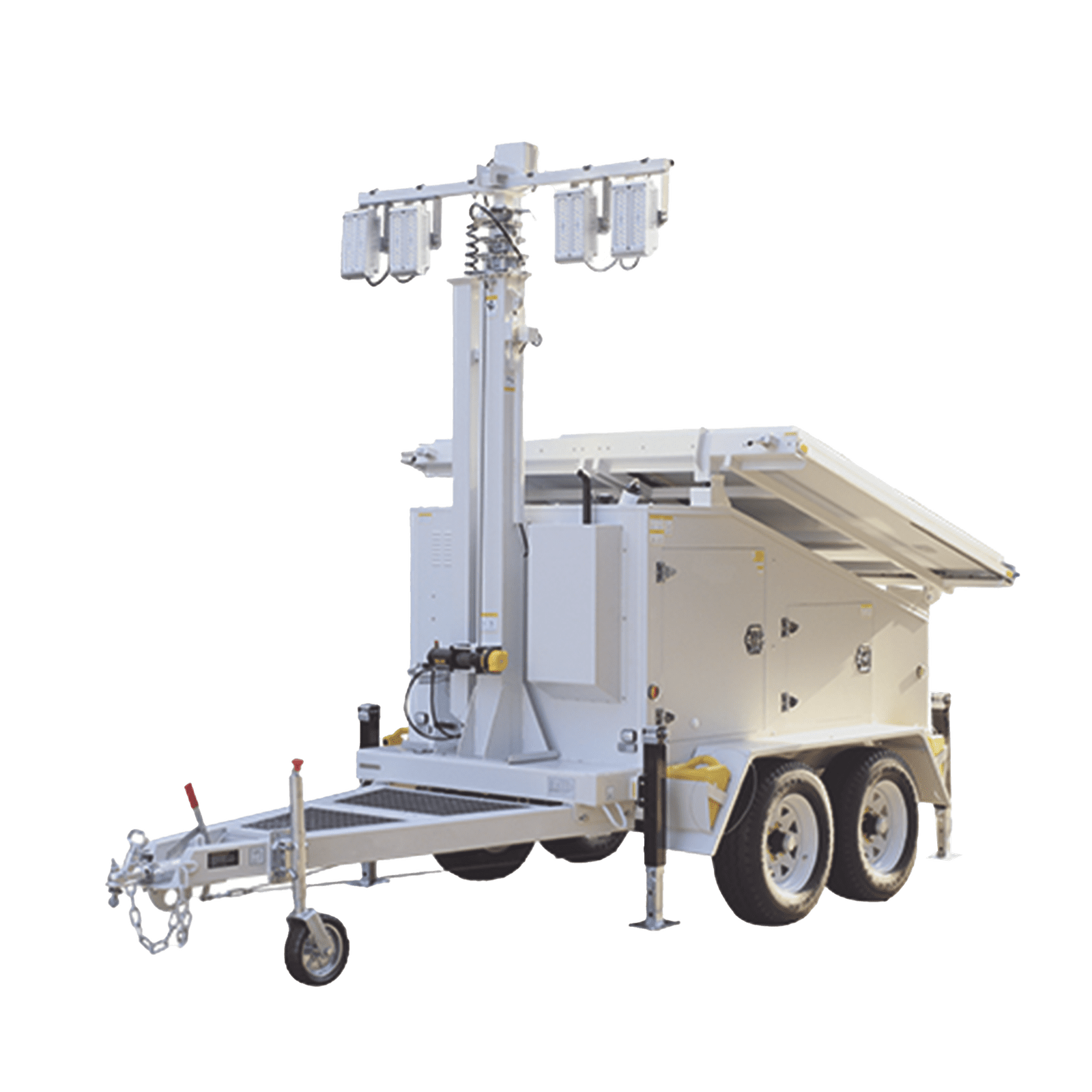 Traila / Remolque de Doble Eje con Mástil Retráctil de 7.5 m. para Videovigilancia o Iluminación, con Bases para Instalar Paneles Solares y Baterías (No incluidos) PST-VTS-4PL - PRECISION