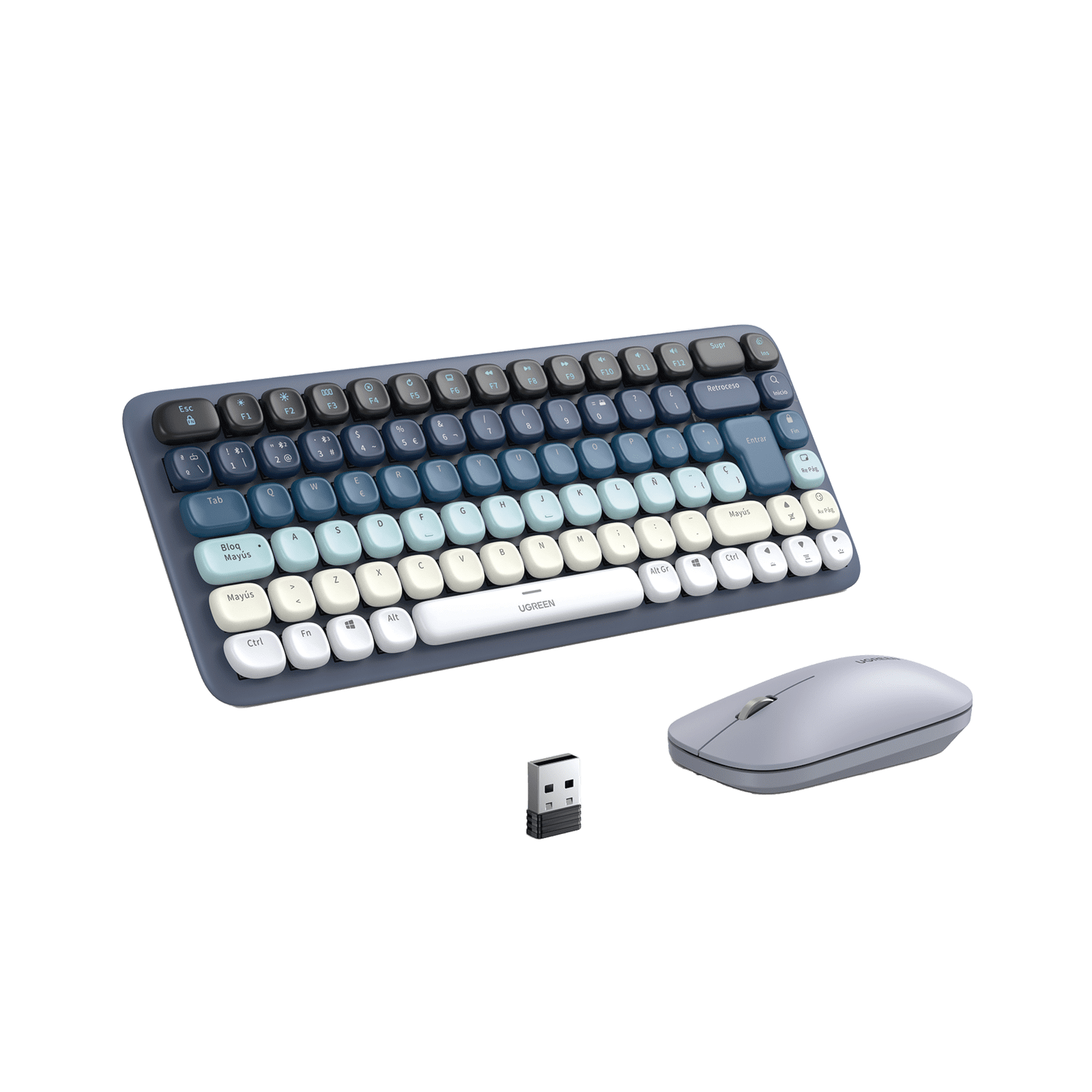 Paquete de Teclado y Mouse | 85 teclas en Español | Bluetooth y 2.4GHz |  Mouse Ambidiestro  | Sensor de DPI ajustable | Efectos de Iluminación del Teclado | Amplia compatibilidad | Color Azul. 25179 - UGREEN