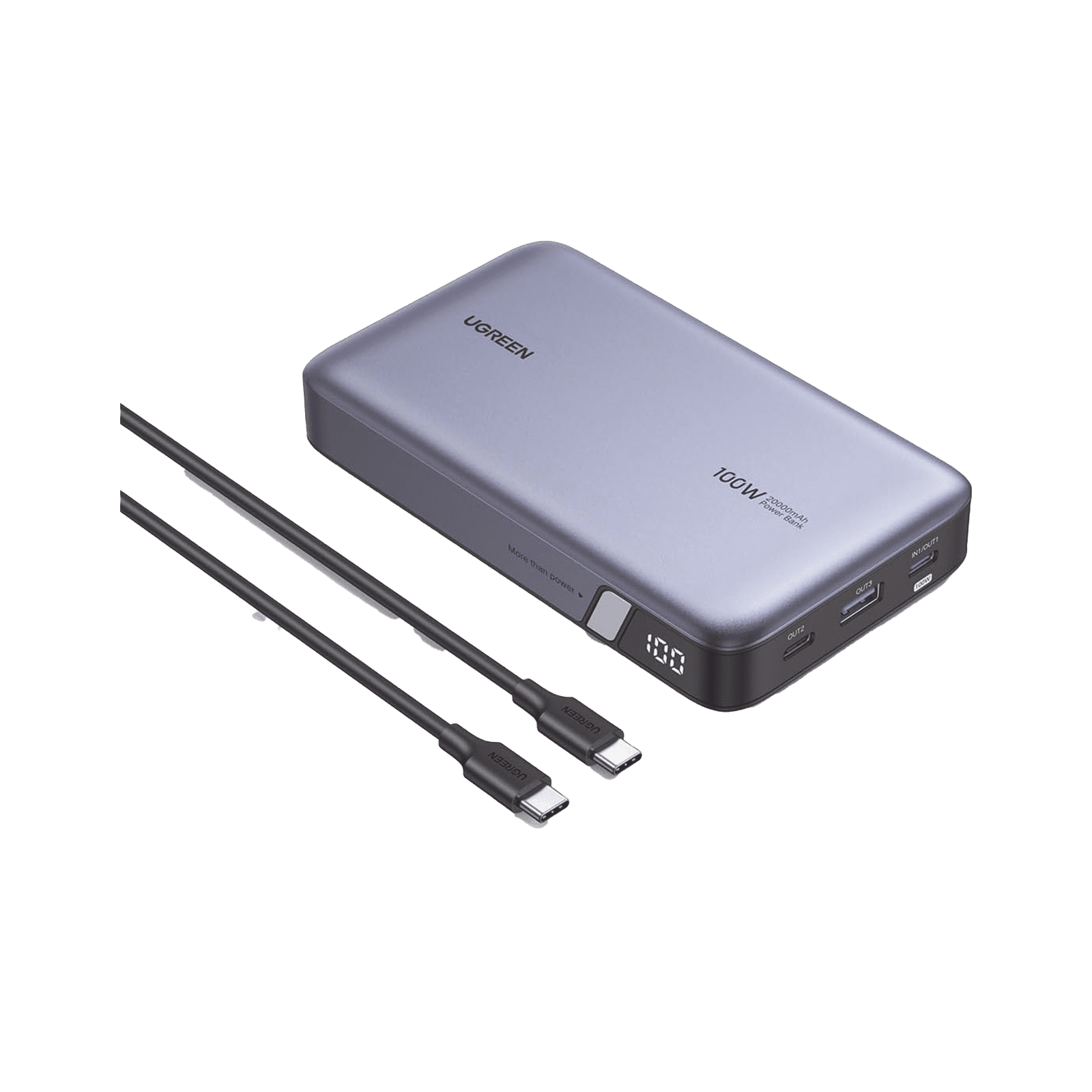 Power Bank de 20000mAh | 3 Salidas 100W Max. | USB-A + 2 USB-C | PD 3.0 | QC3.0 | FCP | SCP | Pantalla Inteligente | Carcasa Ignifuga | Color Gris | Incluye Cable USB de 50cm | Carga tu Laptop de Manera Segura. 25188 - UGREEN