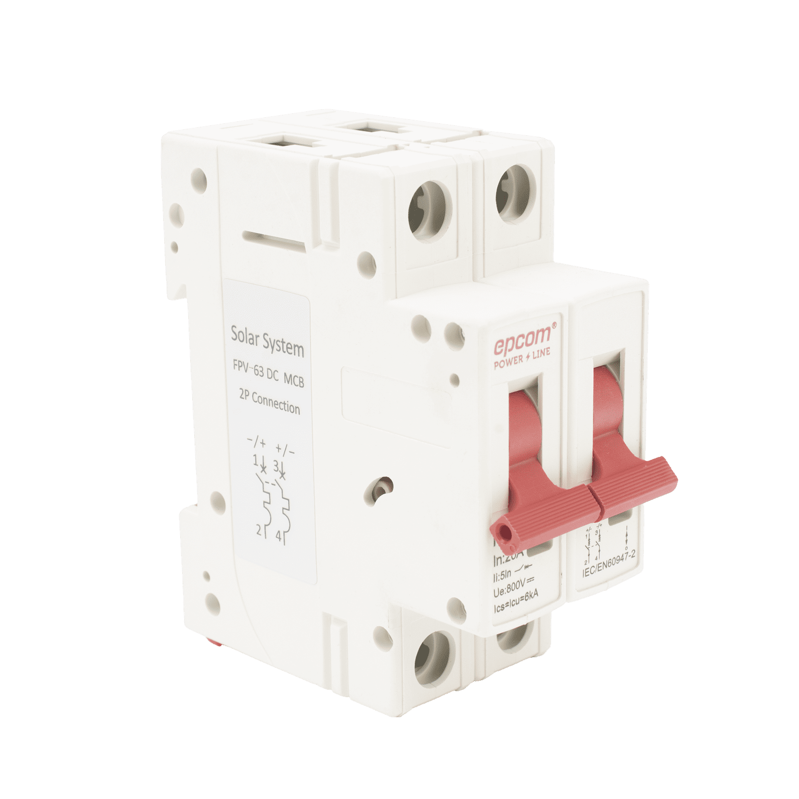Protección Térmica/ Interruptor 2P, 20 A,  Corriente Directa  800 Vcc para Aplicación Fotovoltaica Montaje Riel DIN FPV632PC20 - EPCOM POWERLINE