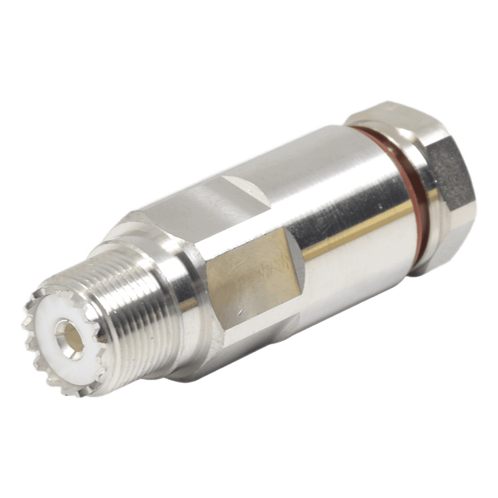 Conector UHF Hembra (SO-239) de Rosca para cable LDF4-50A, Bronce Blanco/ Plata/ Teflón. RFU-520-H1