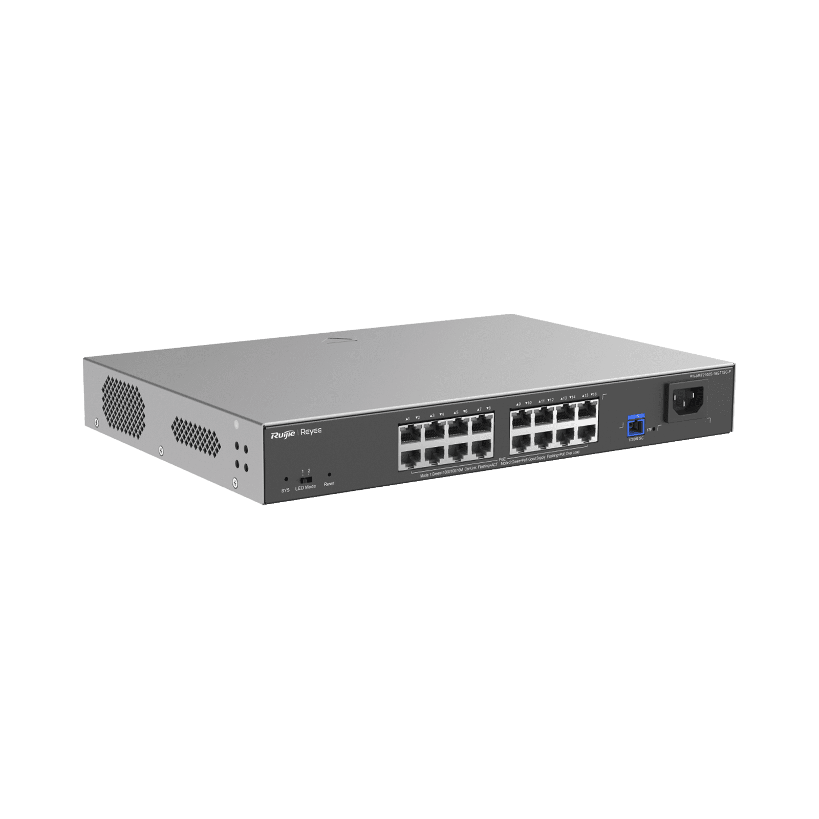 e-Lighten ONU / Switch PoE+ Hibrido, Capa 2 con un Puerto PON 1G y 16 Puertos Ethernet PoE+ 1G hasta 240 Watts y 100 Clientes RG-NBF2100S-16GT1SC-P - RUIJIE