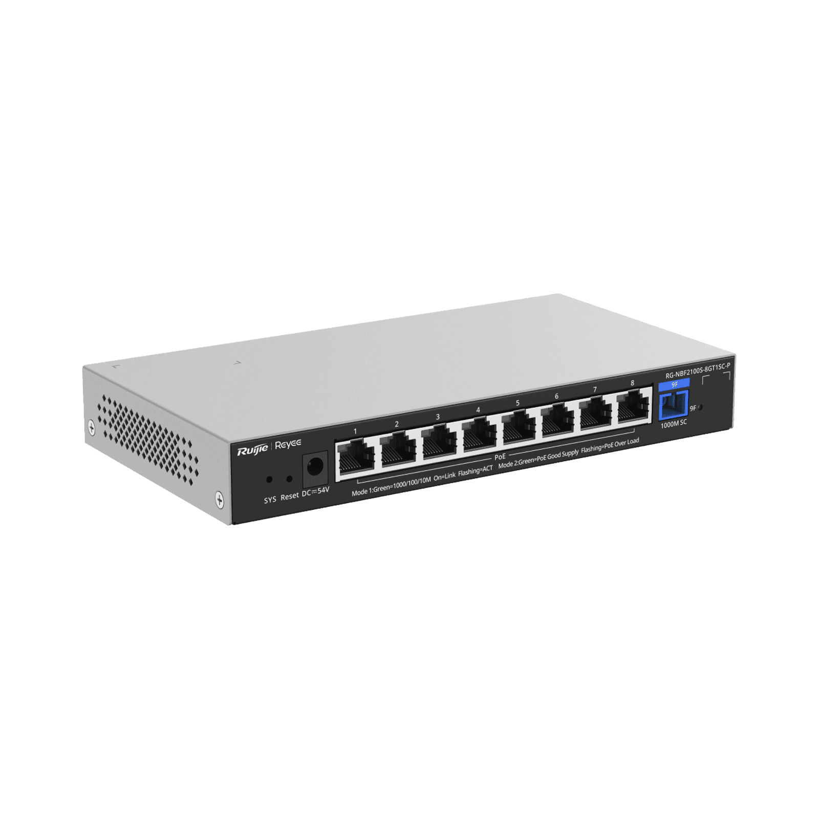 e-Lighten ONU / Switch PoE+ Hibrido, Capa 2 con un Puerto PON 1G y 8 Puertos Ethernet PoE+ 1G hasta 120 Watts y 100 Clientes RG-NBF2100S-8GT1SC-P - RUIJIE