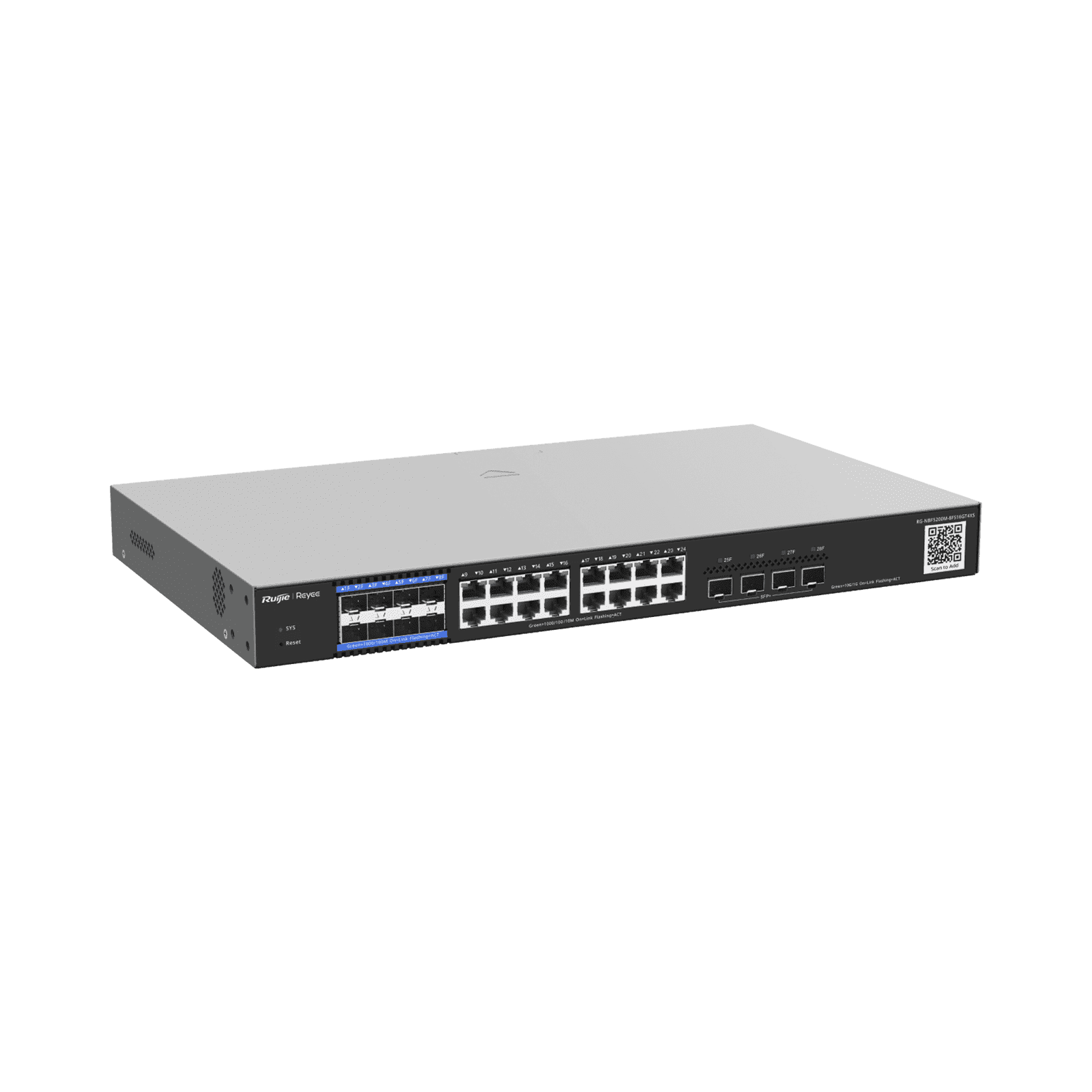 e-Lighten OLT / Switch Hibrido, Capa 3 con 8 Puertos PON 1G, 16 Puertos Ethernet 1G y 4 Puertos SFP+ 10G, perfecto para migrar a Soluciones de Fibra PON hasta 256 ONUs RG-NBF5200M-8FS16GT4XS - RUIJIE