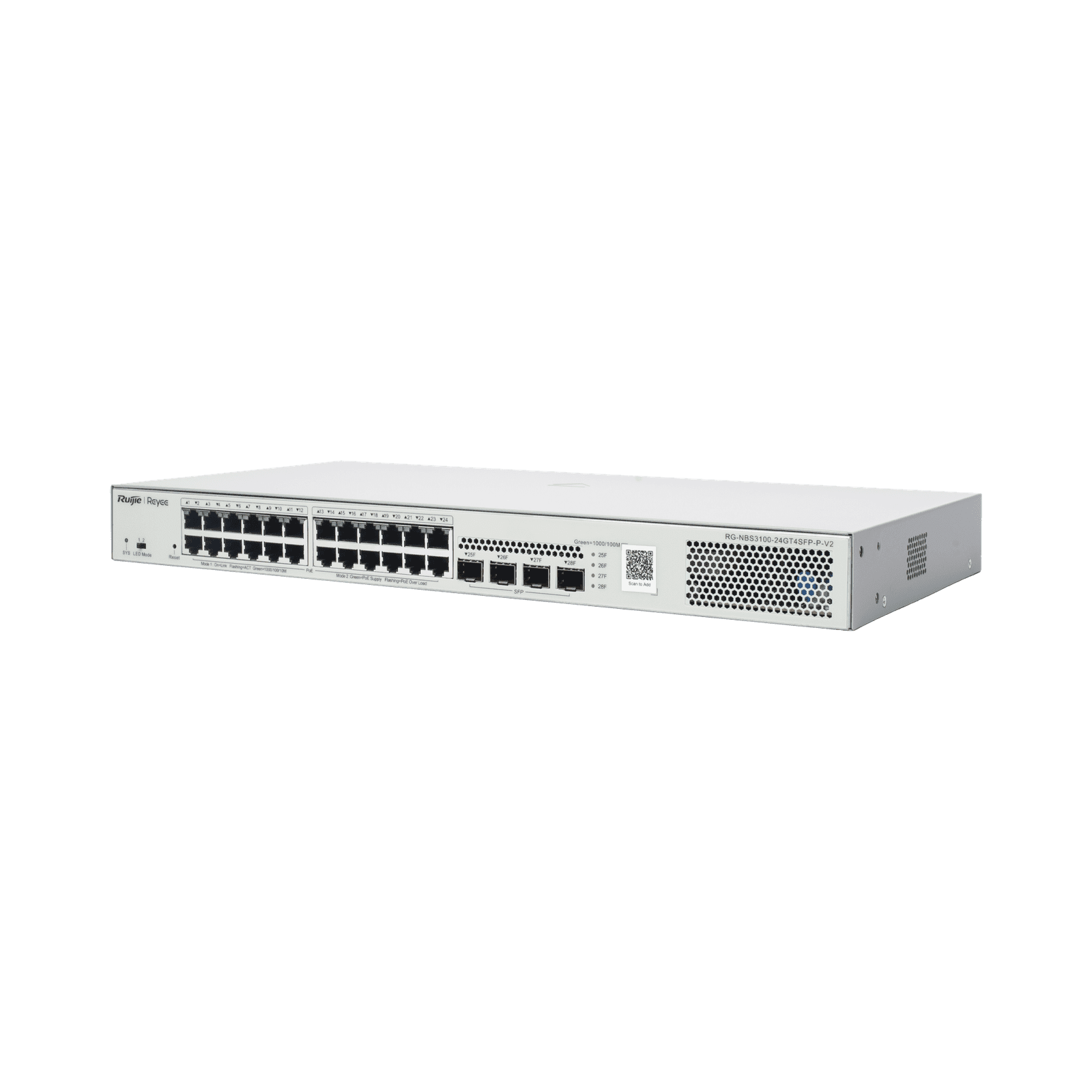 Switch Administrable L2 PoE+ hasta 370W, 24 Puertos Eth 1G, 4 puertos SFP 1G, Administración Remota en la Nube. RG-NBS3100-24GT4SFP-P-V2 - RUIJIE
