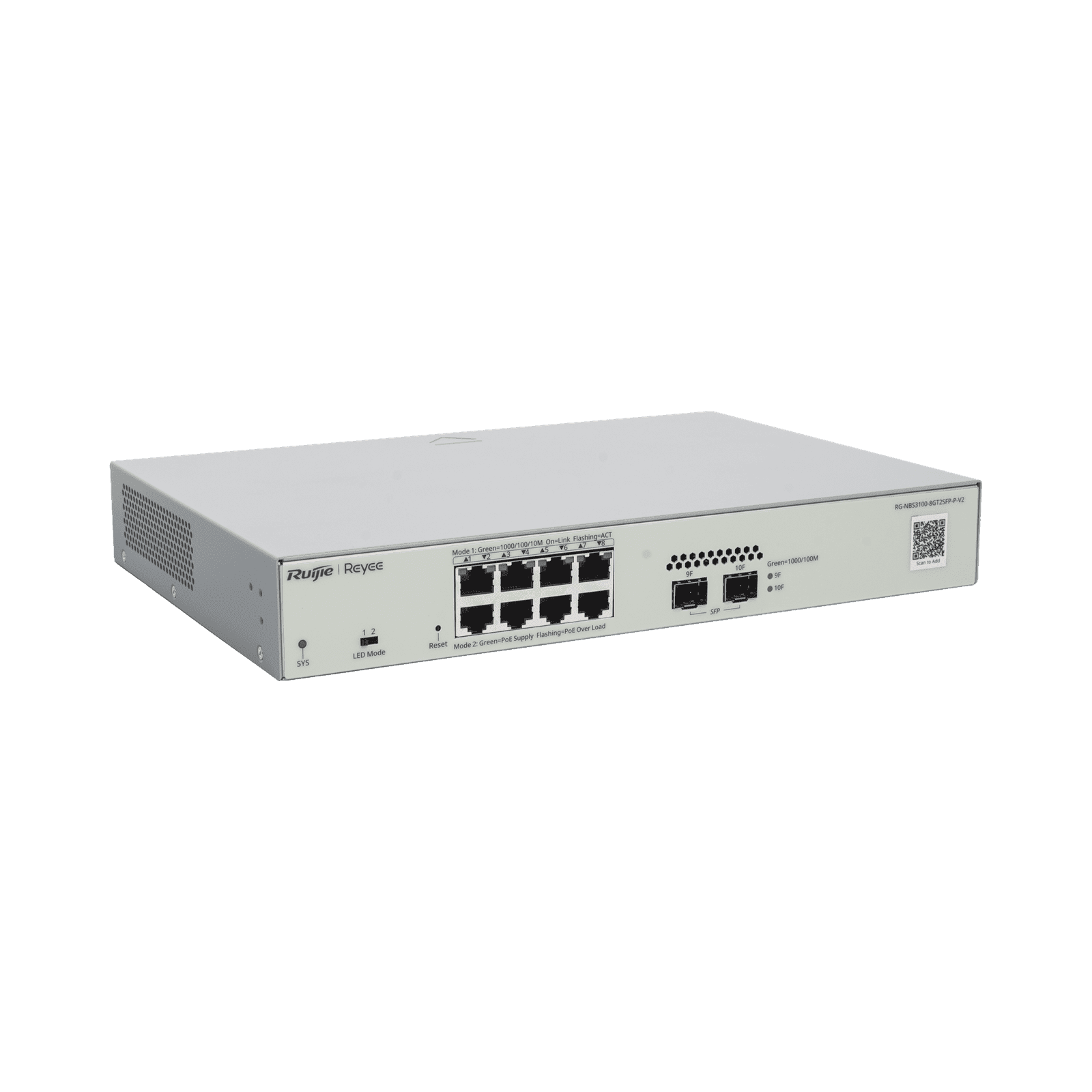 Switch Administrable PoE Capa 2 con 8 puertos Gigabit PoE 802.3af/at + 2 SFP para fibra 1Gb, gestión gratuita desde la nube, 125w RG-NBS3100-8GT2SFP-P-V2 225962 - RUIJIE