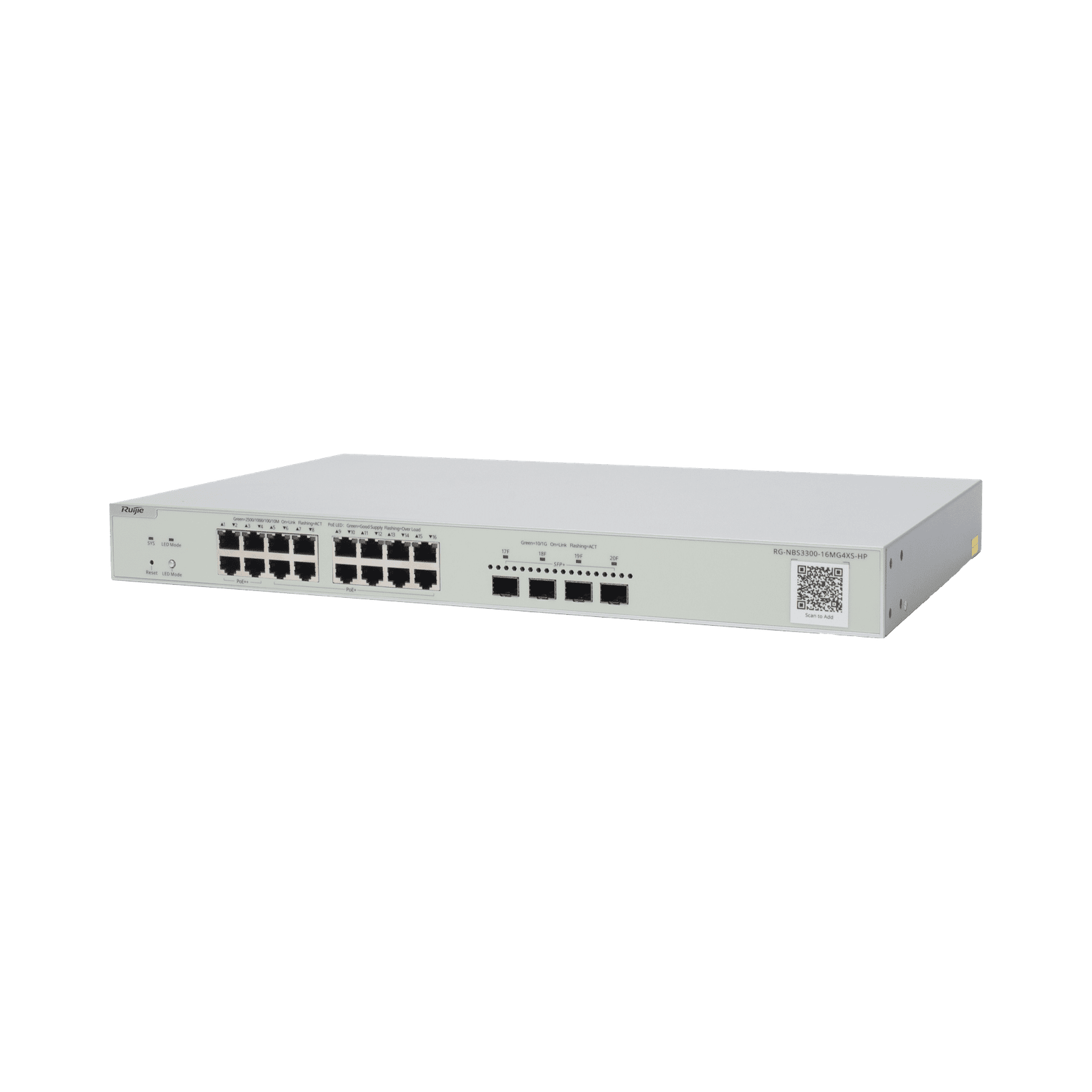 Switch Multi-Gigabit PoE++ hasta 370W, Capa 2 con 4 Puertos 2.5G (90W), 12 Puertos 2.5G (30W) y 4 Uplink SFP+ 10G , Administrable Cloud, Diseñado Para Access Points WiFi 6/7 RG-NBS3300-16MG4XS-HP - RUIJIE