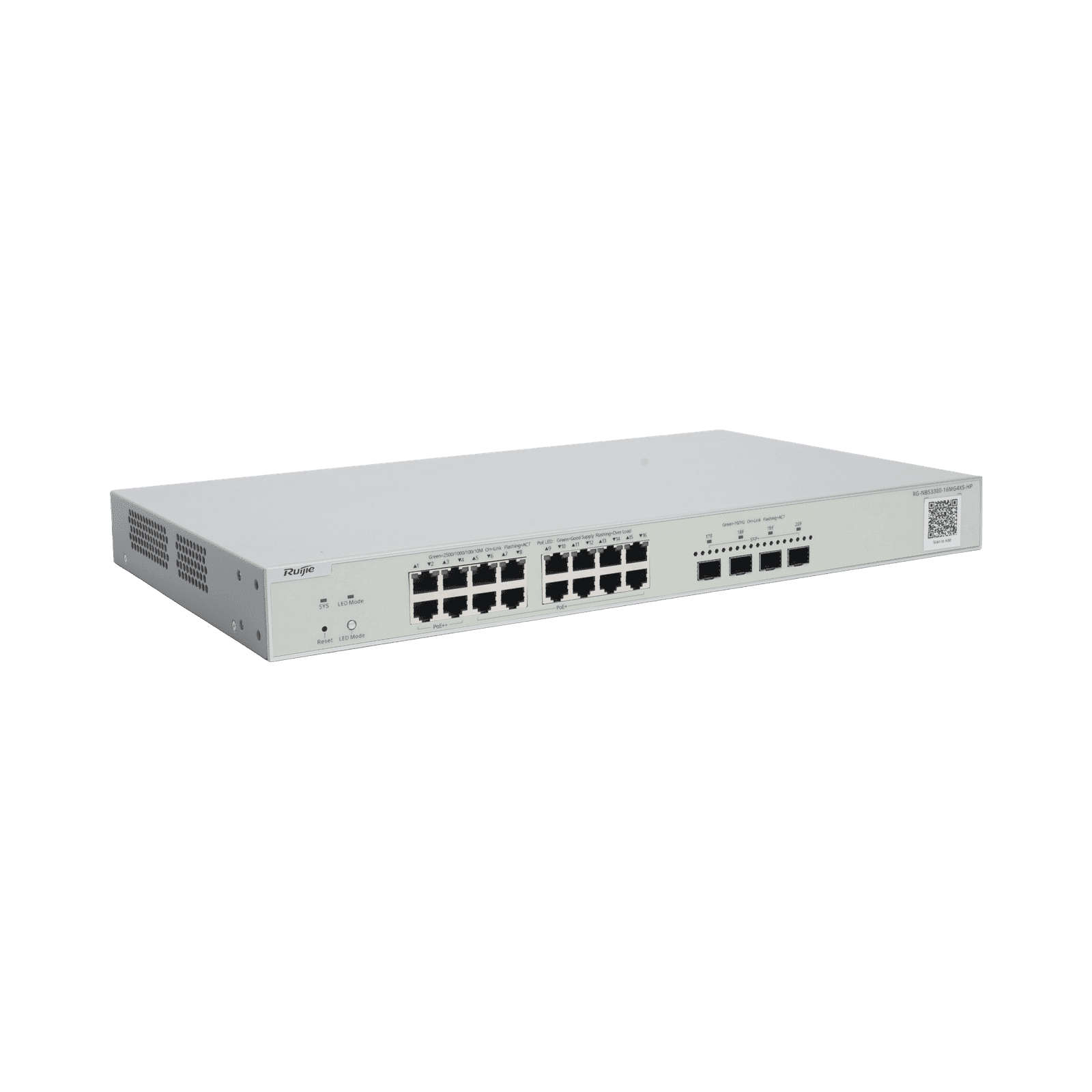 Switch Multi-Gigabit PoE++ hasta 370W, Capa 2 con 4 Puertos 2.5G (90W), 12 Puertos 2.5G (30W) y 4 Uplink SFP+ 10G , Administrable Cloud, Diseñado Para Access Points WiFi 6/7 RG-NBS3300-16MG4XS-HP - RUIJIE