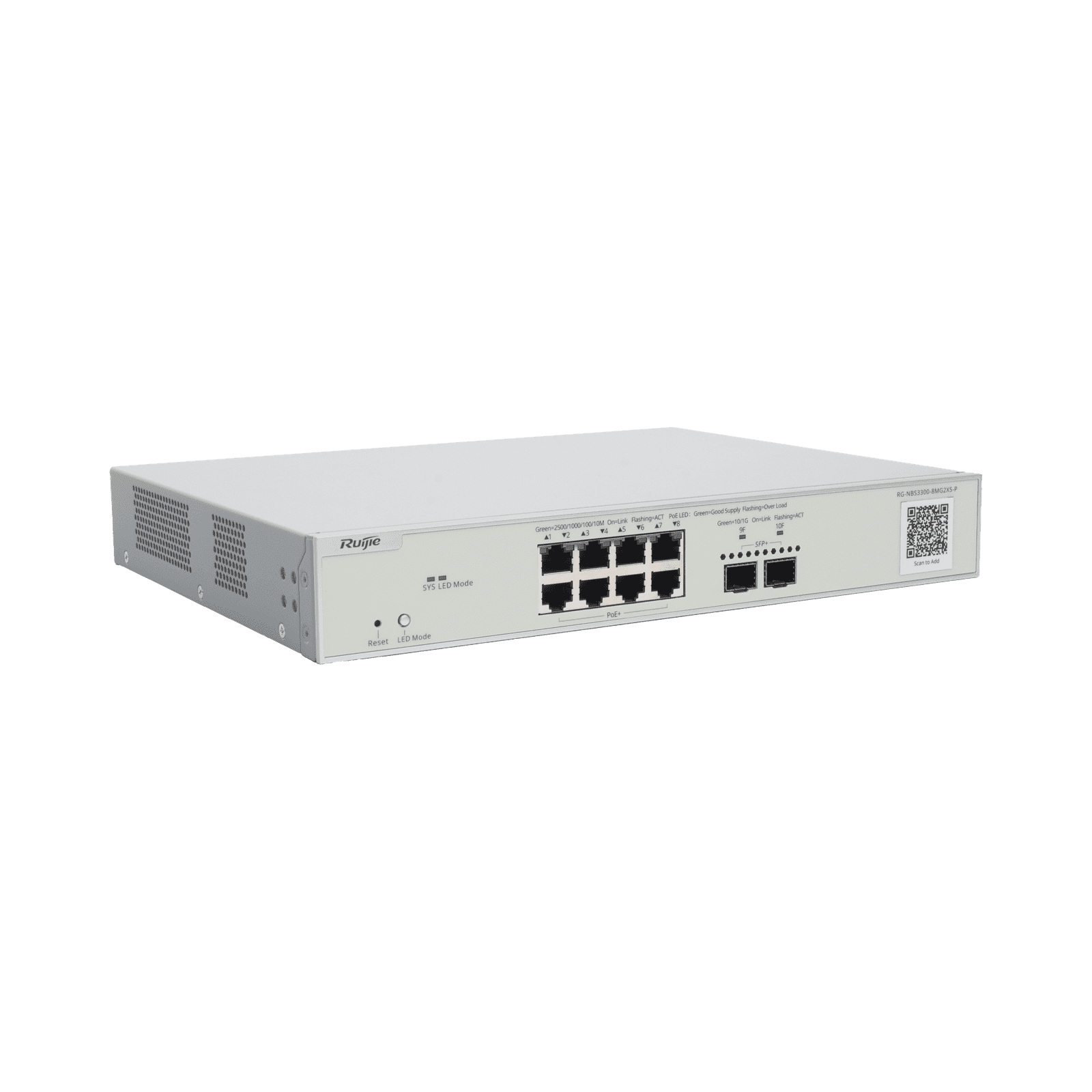 Switch Multi-Gigabit PoE+ Capa 2 con 8 Puertos 2.5G PoE+ hasta 240W y 2 Uplink SFP+ 10G ,Administrable Cloud, Diseñado Para Access Points WiFi 6/7 RG-NBS3300-8MG2XS-P - RUIJIE