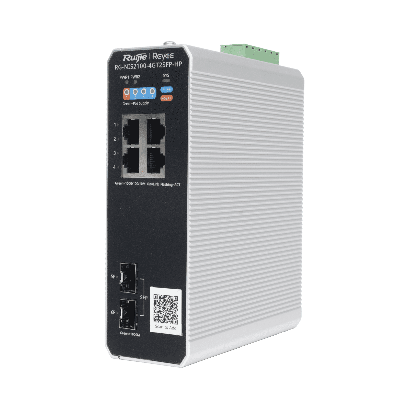 Switch Industrial PoE hasta , Ideal para temperaturas Extremas y protección contra descargas, 1 x PoE++ Port, 3 x PoE+ Ports, and 2 x SFP Uplink Ports RG-NIS2100-4GT2SFP-HP - RUIJIE