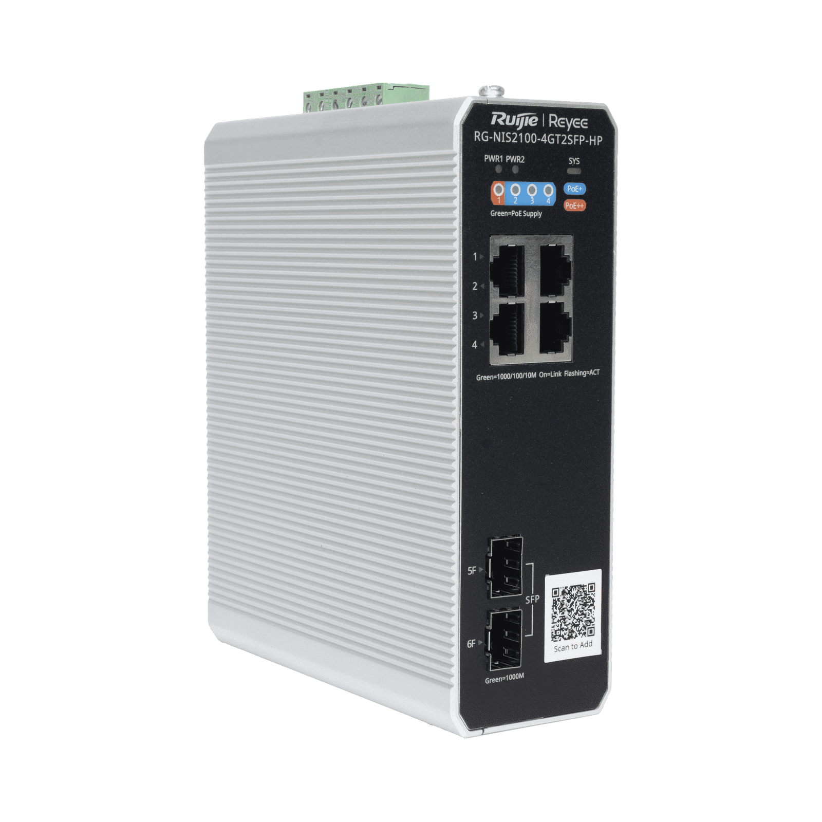 Switch Industrial PoE hasta , Ideal para temperaturas Extremas y protección contra descargas, 1 x PoE++ Port, 3 x PoE+ Ports, and 2 x SFP Uplink Ports RG-NIS2100-4GT2SFP-HP - RUIJIE