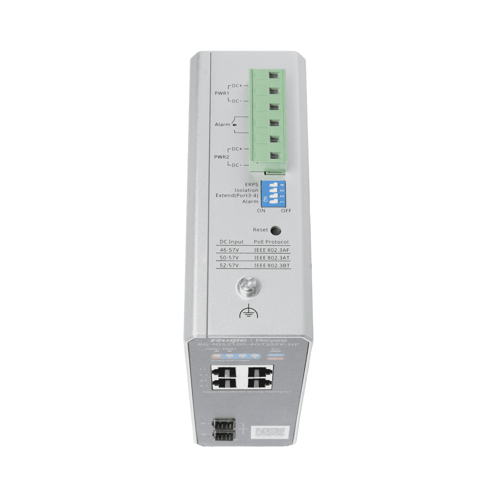 Switch Industrial PoE hasta , Ideal para temperaturas Extremas y protección contra descargas, 1 x PoE++ Port, 3 x PoE+ Ports, and 2 x SFP Uplink Ports RG-NIS2100-4GT2SFP-HP - RUIJIE