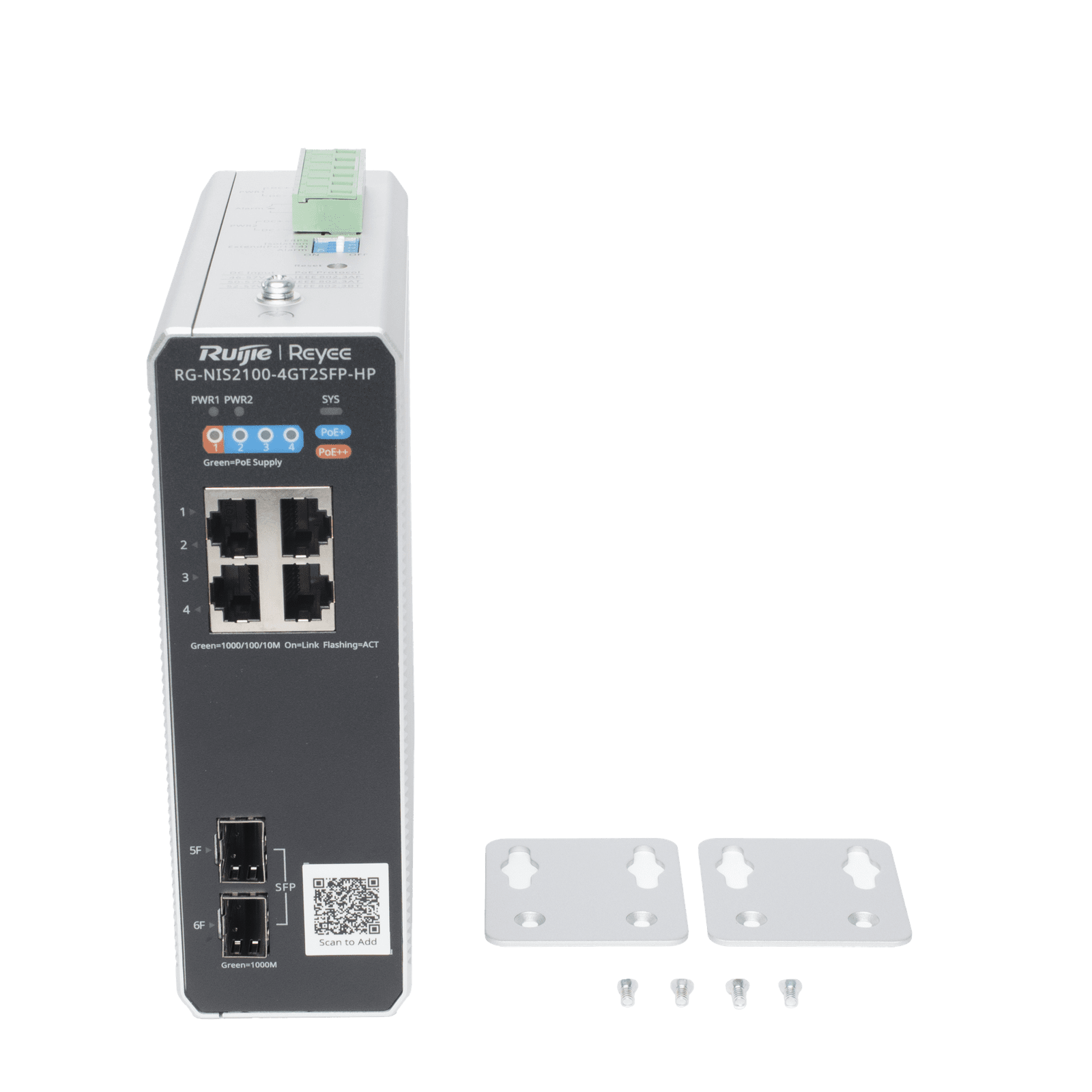 Switch Industrial PoE hasta , Ideal para temperaturas Extremas y protección contra descargas, 1 x PoE++ Port, 3 x PoE+ Ports, and 2 x SFP Uplink Ports RG-NIS2100-4GT2SFP-HP - RUIJIE