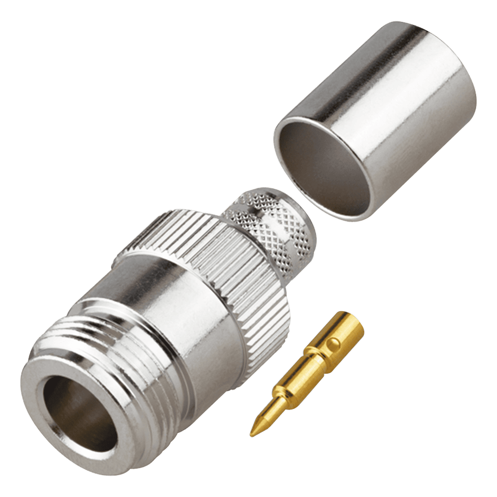 Conector N Hembra Inverso de Anillo Plegable para Cables 9913, RG-8/U, LMR-400, Grupo I, Níquel/ Oro/ Teflón. RP-1028-I