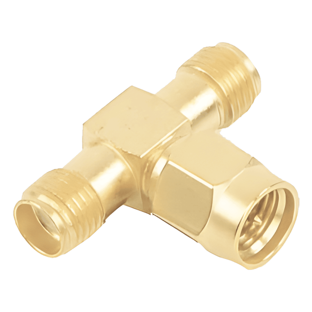 Adaptador en T, de Conector SMA Macho a Doble SMA Hembras, Oro/ Oro/ Teflón. RSA-3400-1