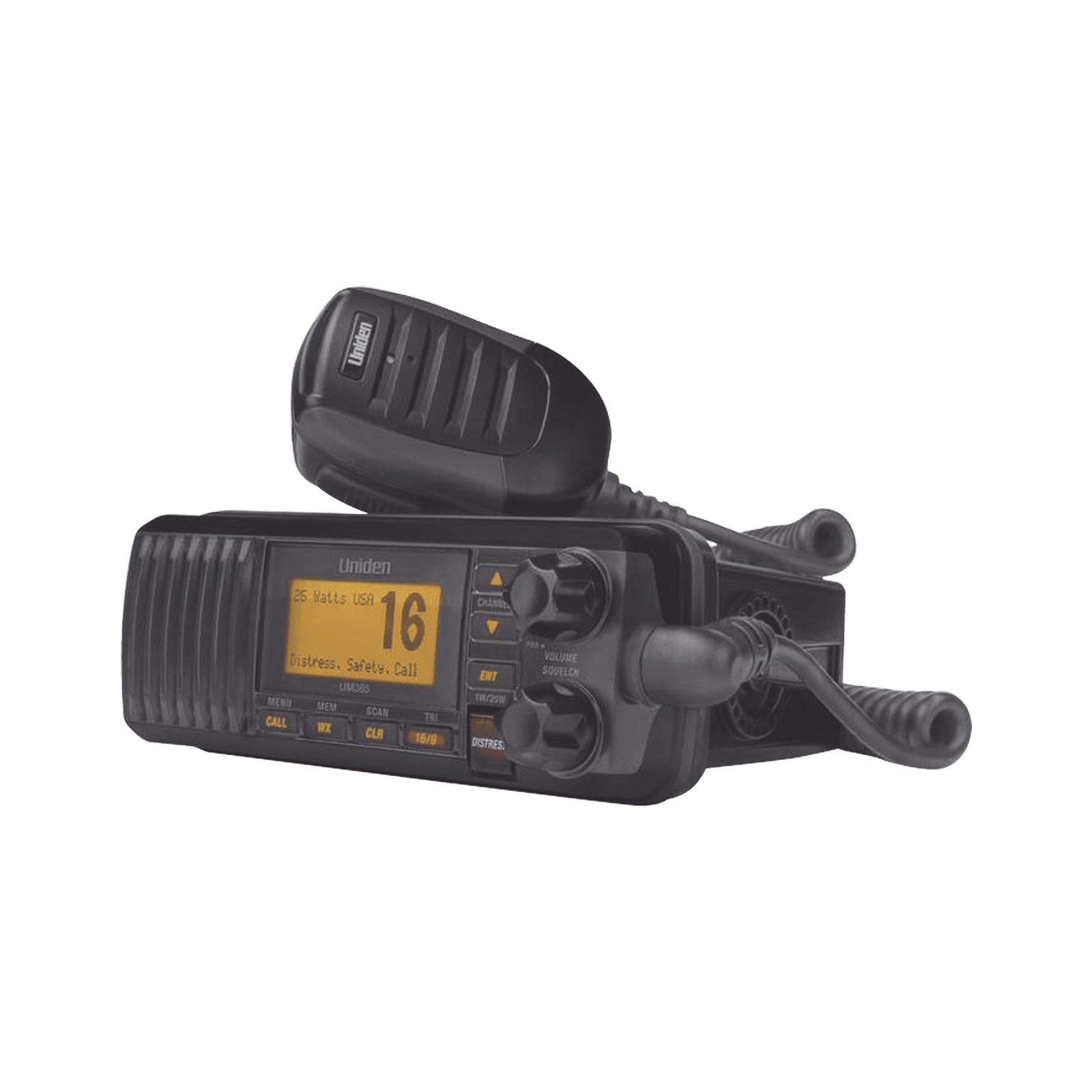Radio Móvil Marino VHF, color negro, 25 W de potencia, sumergible IPX4, rango de frecuencia.: Tx: 156.025-157.425 MHz, Rx: 156.050-163.275 MHz. incluye micrófono y cable de alimentación UM-385BK - UNIDEN