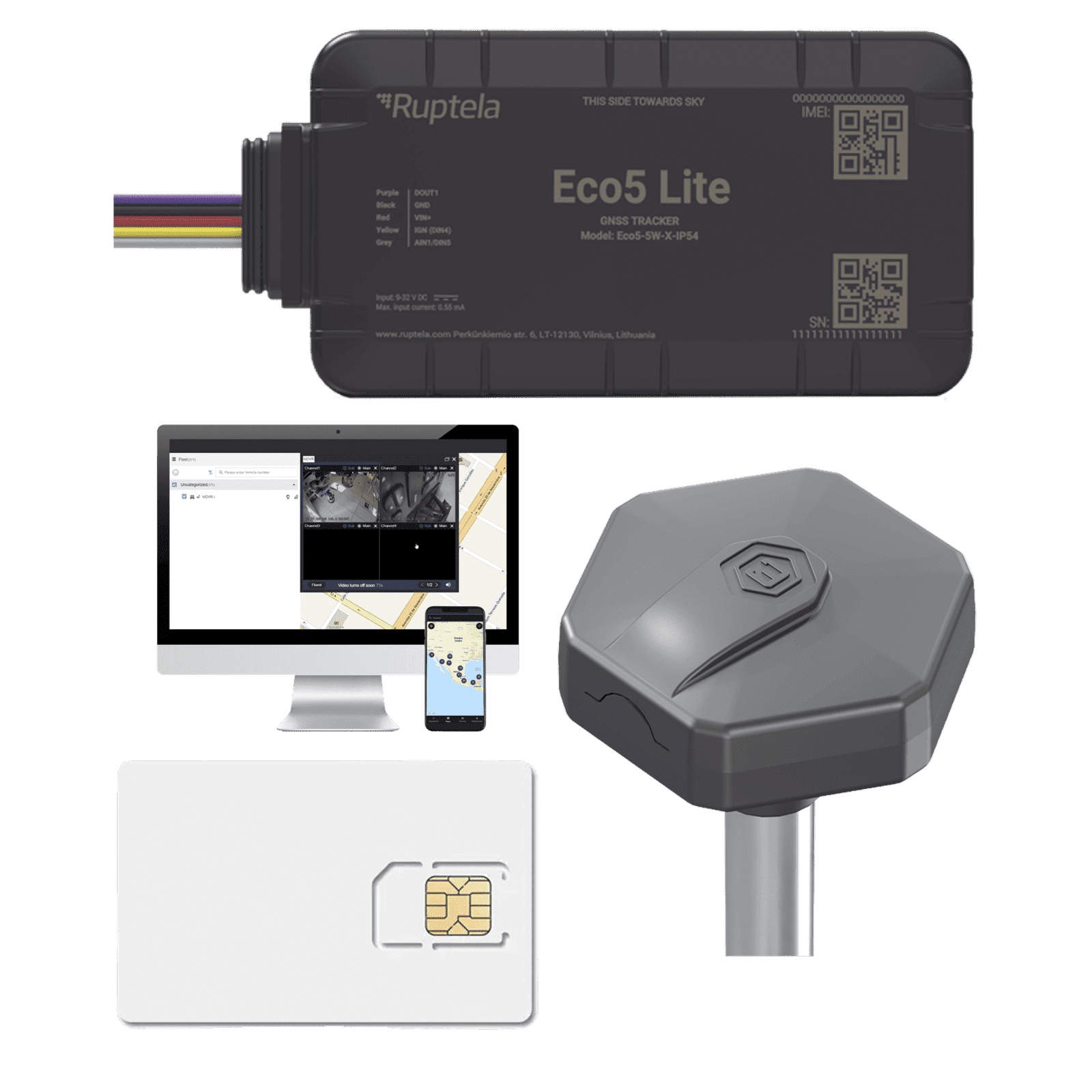 Rastreador Vehicular y Monitoreo de Flota / BLE 5.0 y GNSS / LTE CAT1 y LTE-M con Respaldo 2G / GNSS U-blox / MiKado IP54 / -20 °C a +40 °C / Acelerómetro de 3 Ejes / Suministro 9-32 V / Batería Interna ECO5LITEKITFUEL - RUPTELA