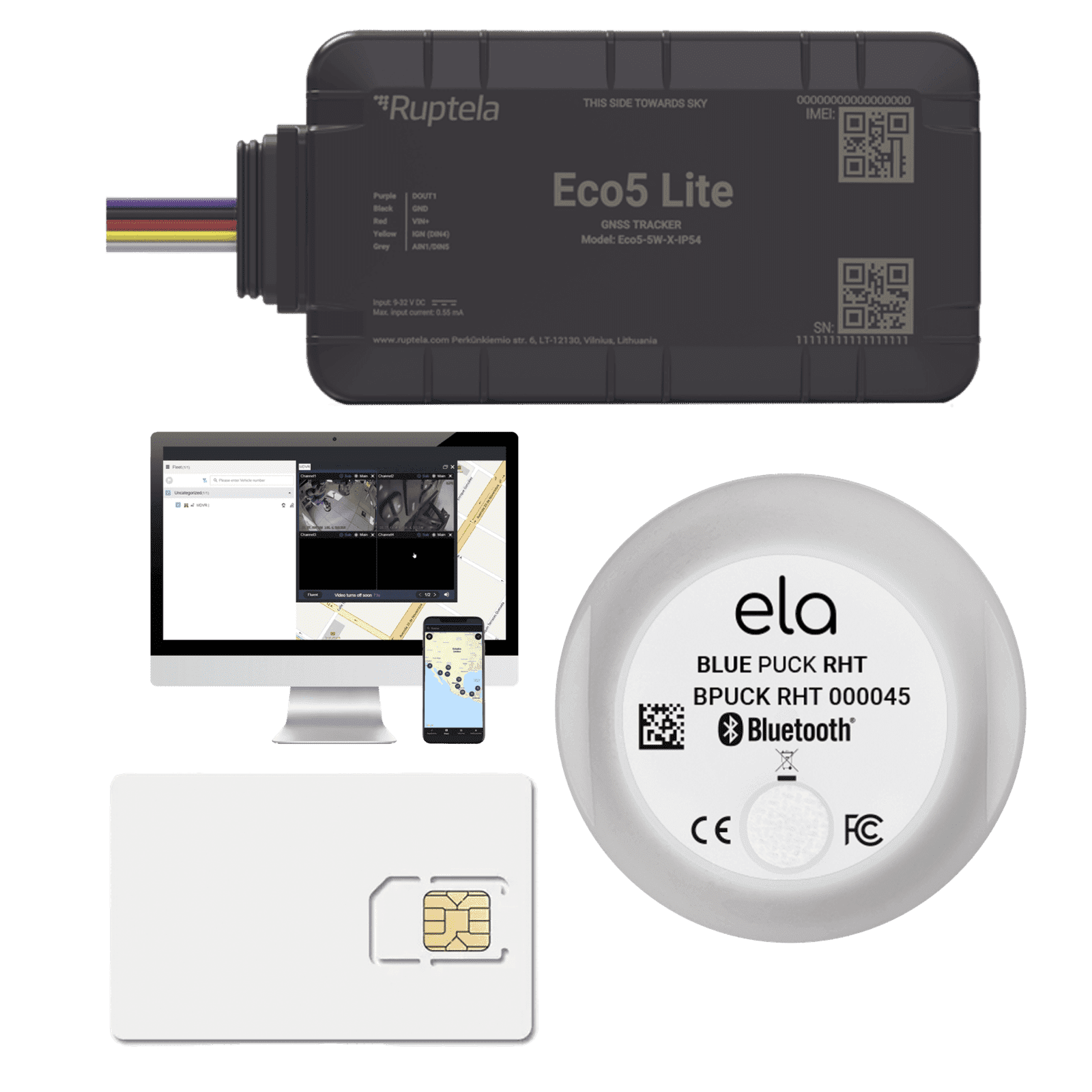 Rastreador Vehicular y Monitoreo de Flota / BLE 5.0 y GNSS / LTE CAT1 y LTE-M con Respaldo 2G / GNSS U-blox / MiKado IP54 / -20 °C a +40 °C / Acelerómetro de 3 Ejes / Suministro 9-32 V / Batería Interna ECO5LITEKITTEMP - RUPTELA