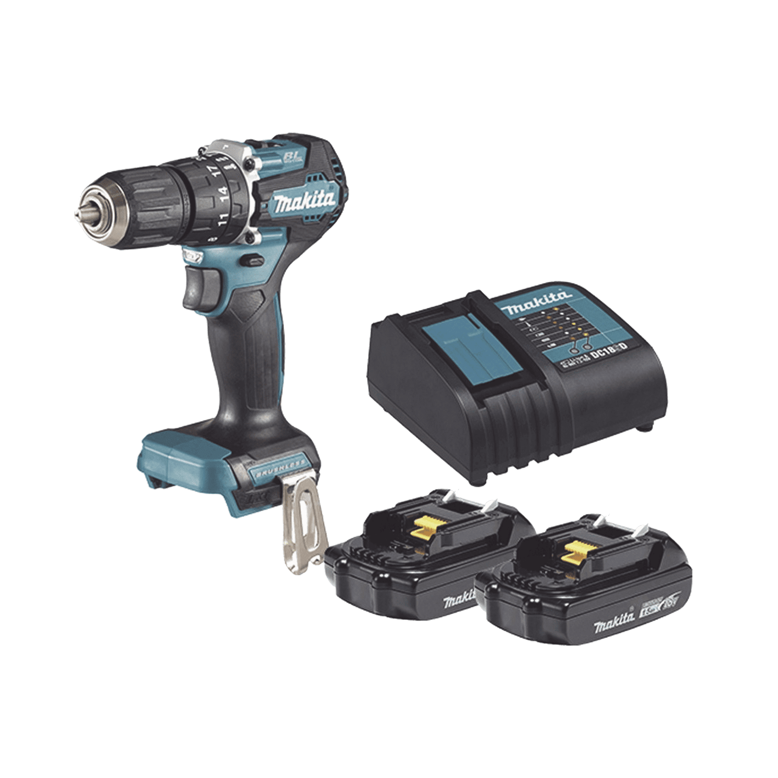 Rotomartillo/Taladro InalÃ¡mbrico SIN CARBONES, Broquero de 1/2″, 1,700 RPM, 18Vâ??, Torque: 42 N.m C/2 Bat. (1.5Ah) y Cargador. DHP487SYX2 - MAKITA